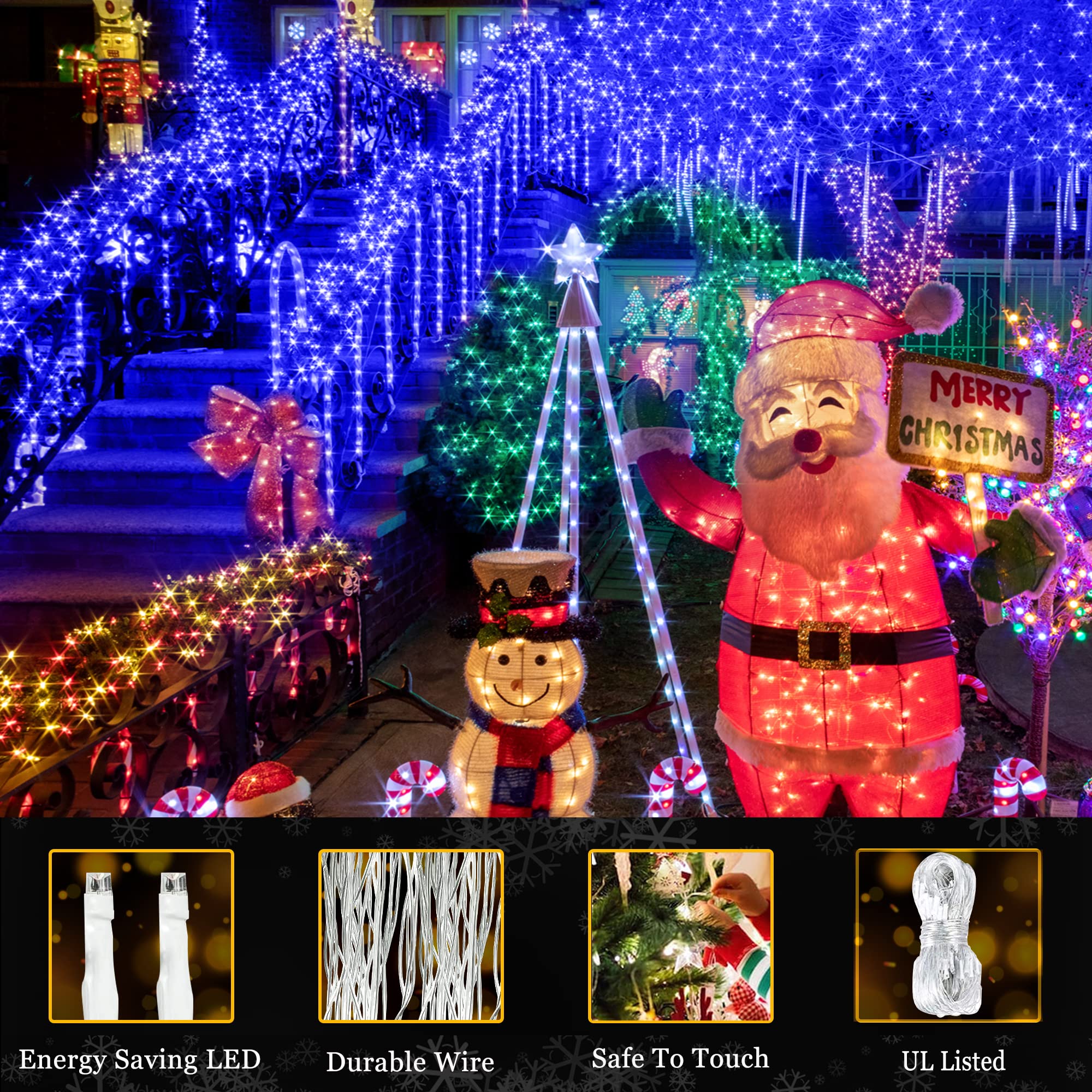 Knonew 500 Led Outdoor Christmas Lights, 197Ft Waterproof String Lights, Blue, 8 Modes, Model 68Kn-168Lig-Niu