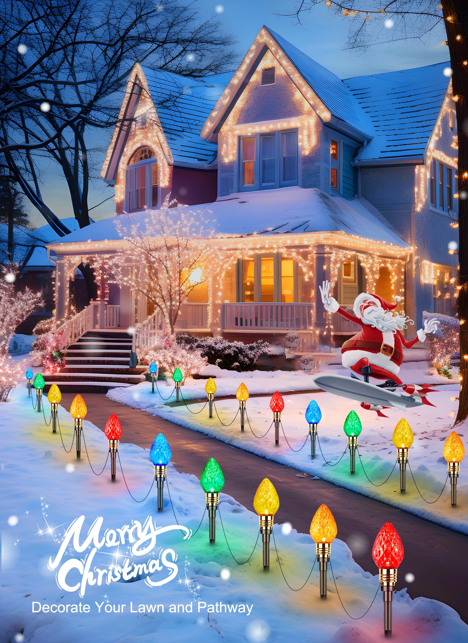 2 Pack Strawberry C9 Christmas Pathway Lights Outdoor - Total 34.8 Feet 20 Led Christmas Walkway Lights, Colored Bulb Christmas