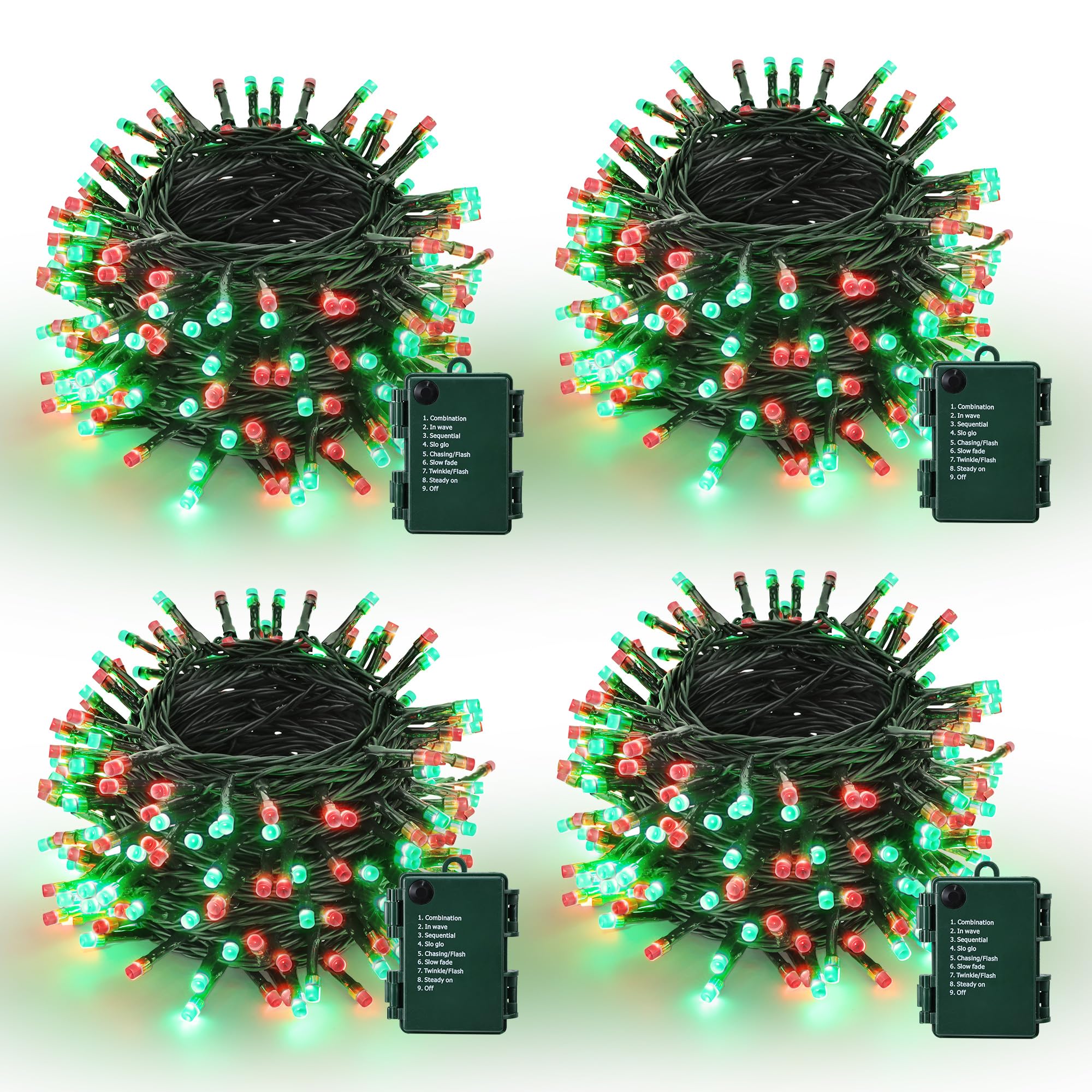 Lomotech Battery Operated Christmas Lights - 4 Pack Total 66Ft 200Leds String Lights 8 Modes Waterproof With Timer For Home  Garden  Party  Holiday  Tree Decoration (Green Wire  Red & Green)