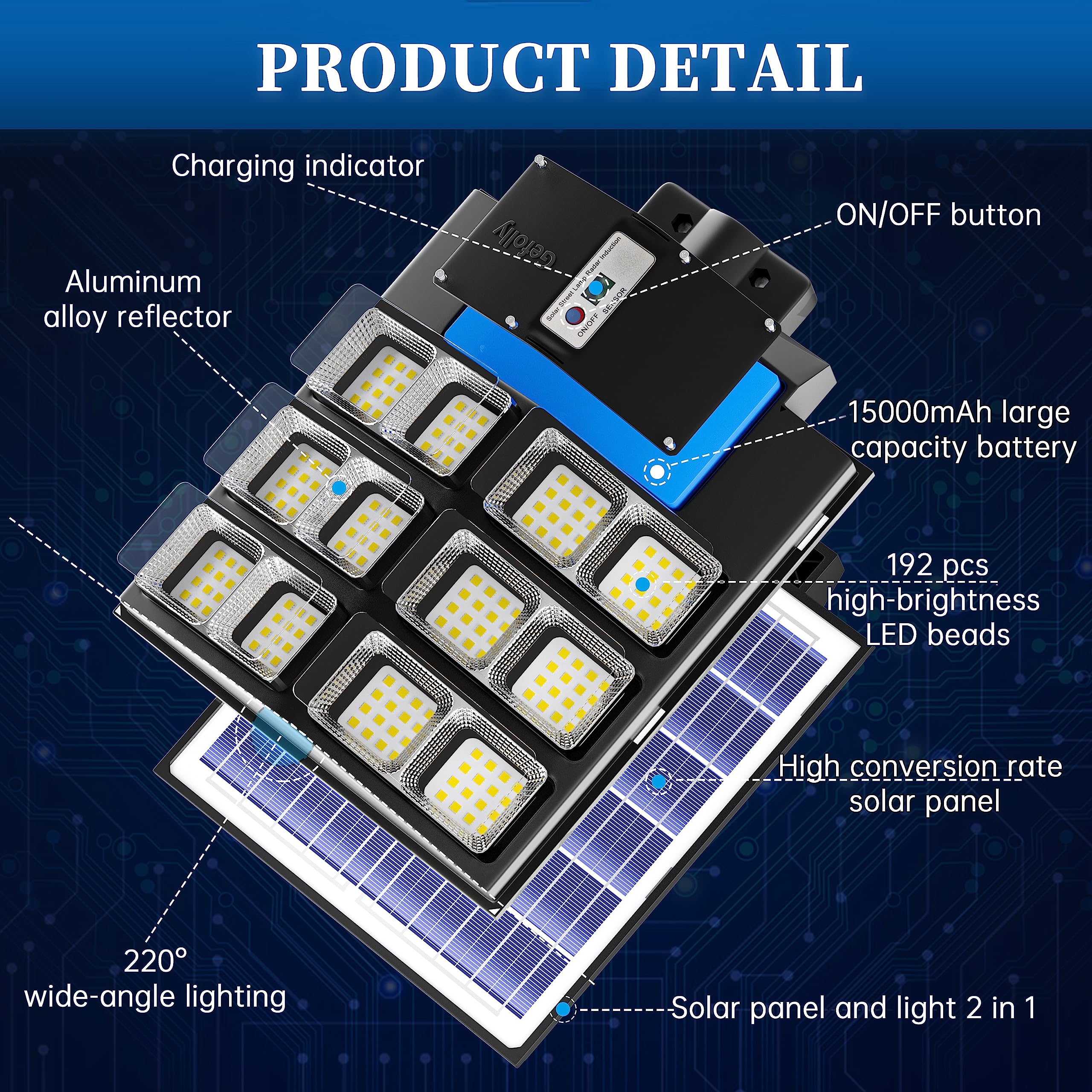 Gefolly 2000W Solar Street Light, 200000Lm, Dusk To Dawn, Motion Sensor, Black Outdoor Flood Light