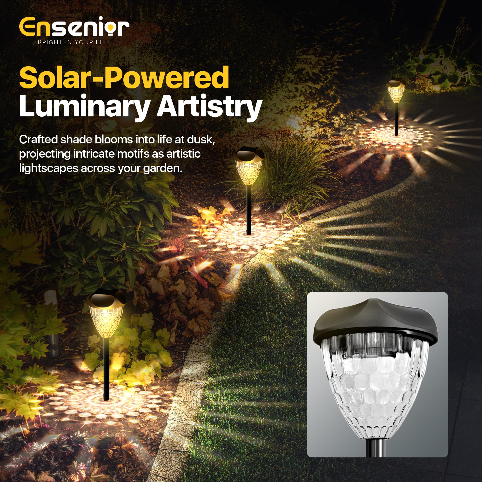 Ensenior 12-Pack Solar Garden Lights, Warm White LED, Auto ON/OFF, Waterproof, Plastic, Model CP3-10CM-30K-12-BL-ZY-M02