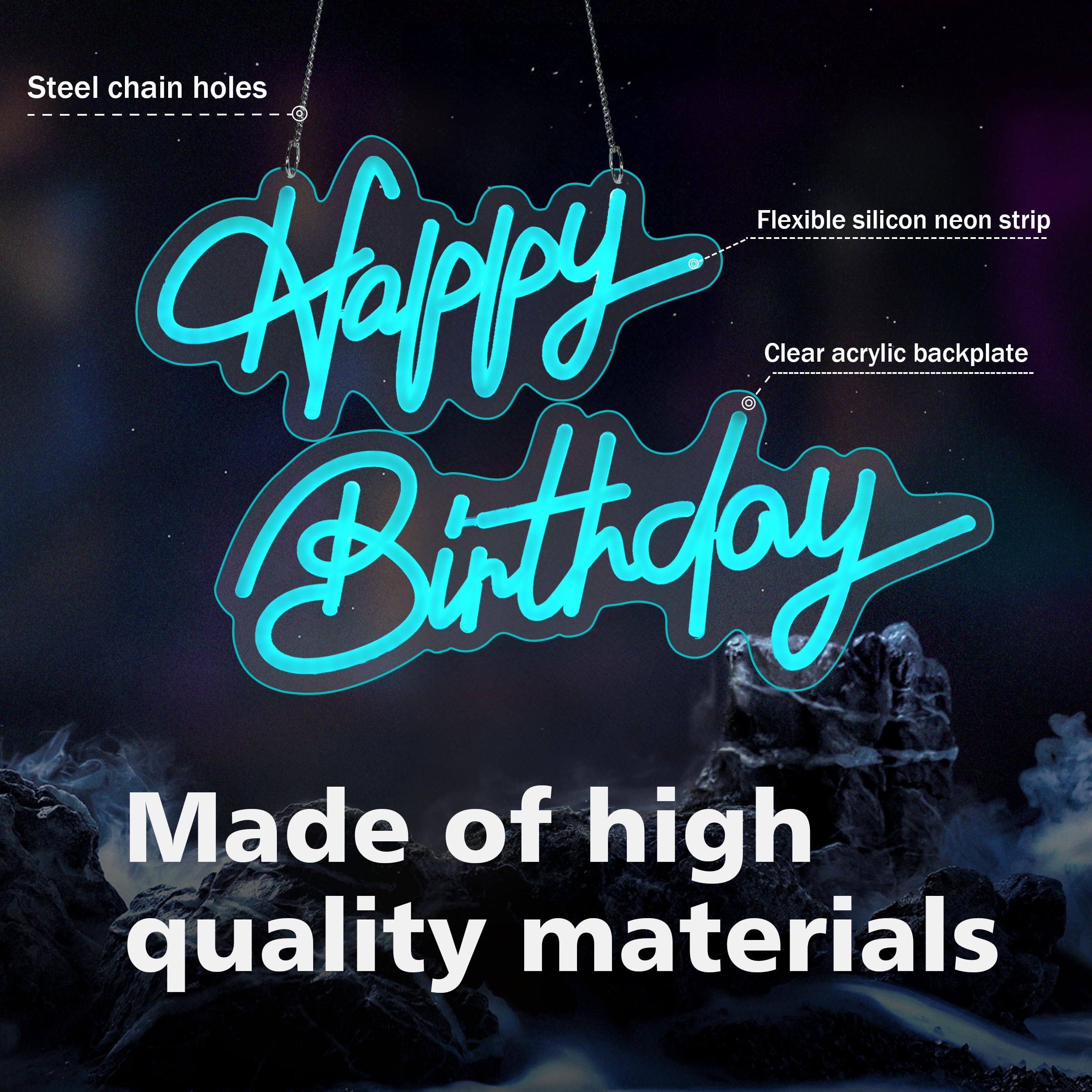 Liuisneo Happy Birthday Neon Sign,Innovative Integral Forming Process,With Dimmable Switch For All Holiday Party And Home Decoration,Total Length 28Inch,Blue