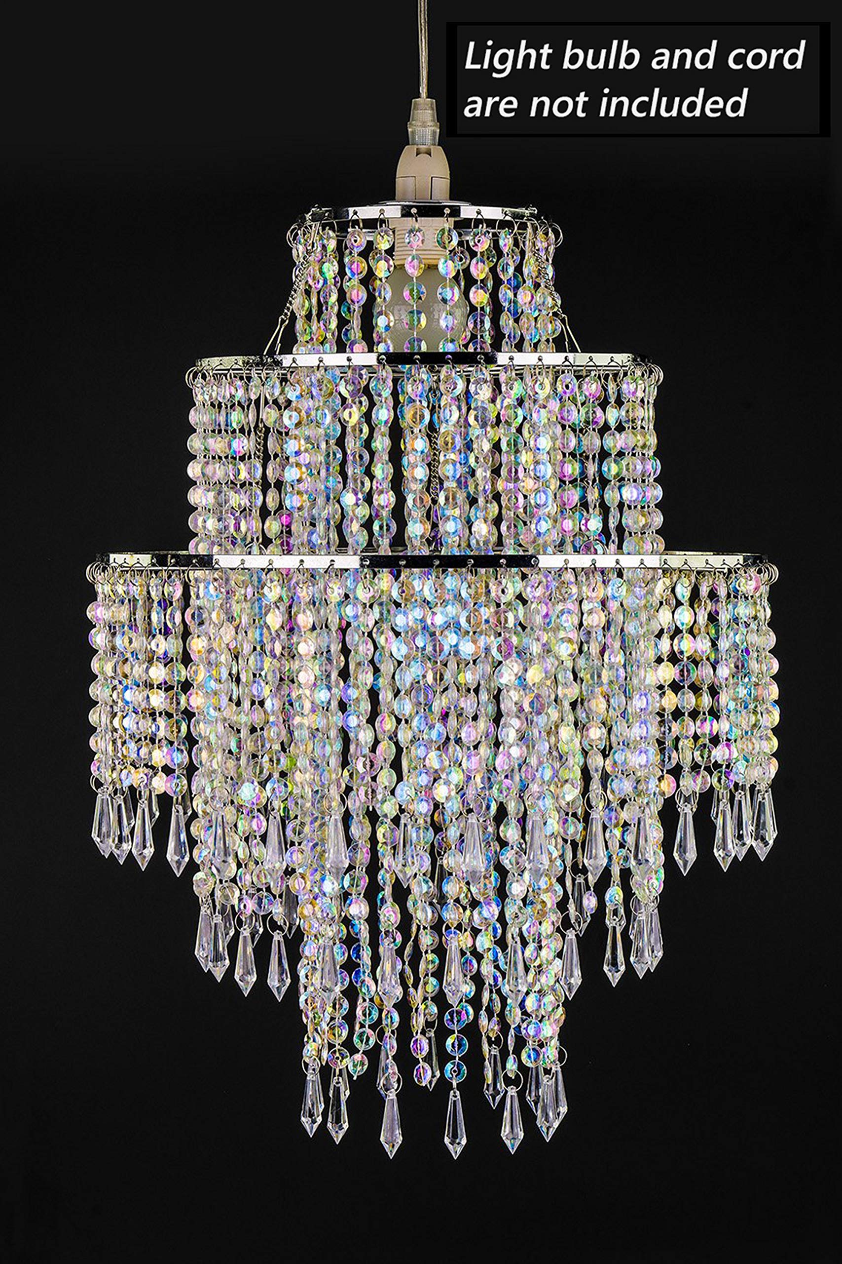 Waneway Large 3 Tiers Beads Pendant Shade, Ceiling Chandelier Lampshade With Acrylic Jewel Droplets, Beaded Lampshade With Chrom