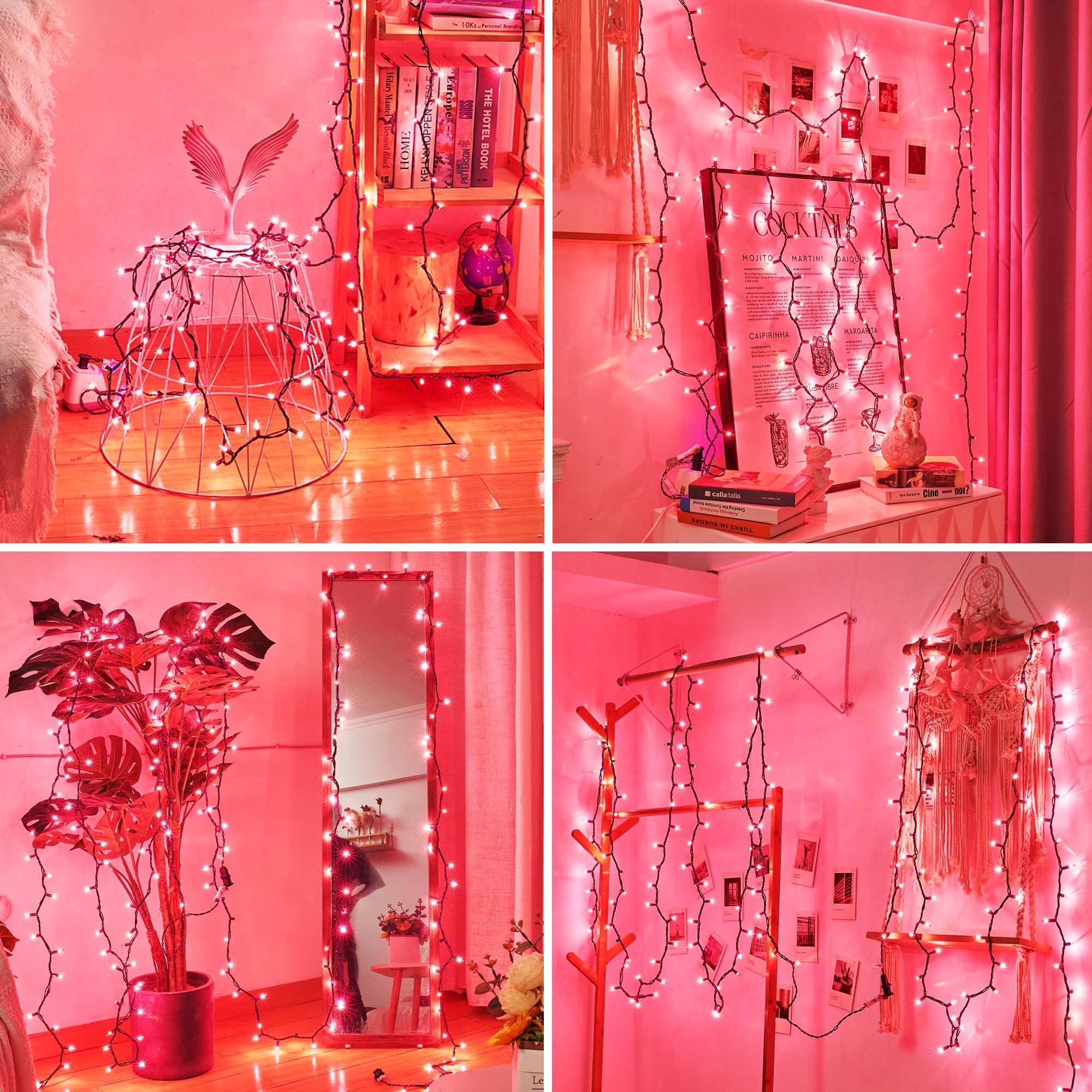 Christmas Lights Indoor Outdoor 100 Count Incandescent Lights Ul Certified Connectable Christmas Tree Lights With Green Wires For Xmas, Wedding, Holiday, Party, Home, Valentines Day Decoration(Pink)