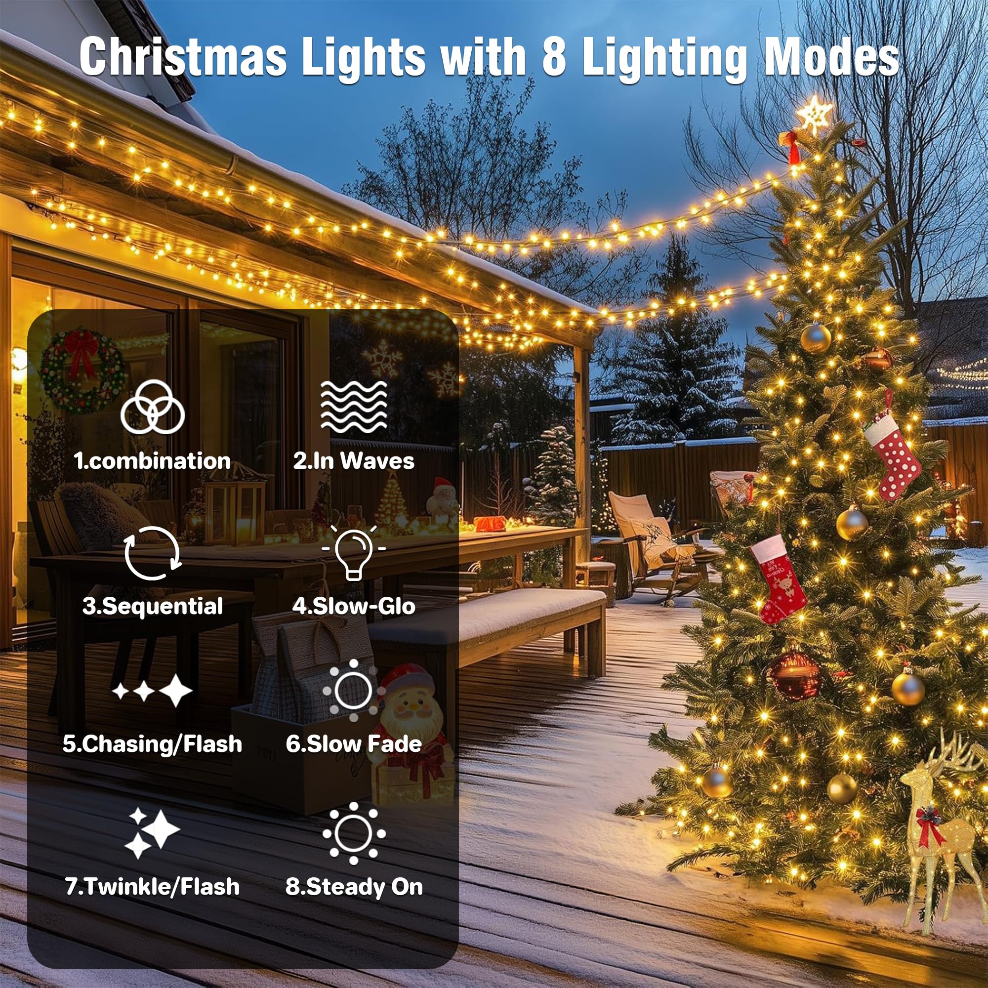 ASENEK Extra Long Christmas Tree Lights 600 LED, 197FT, Warm White, 8 Modes with Timer, Model CX-36V-5000LHWW