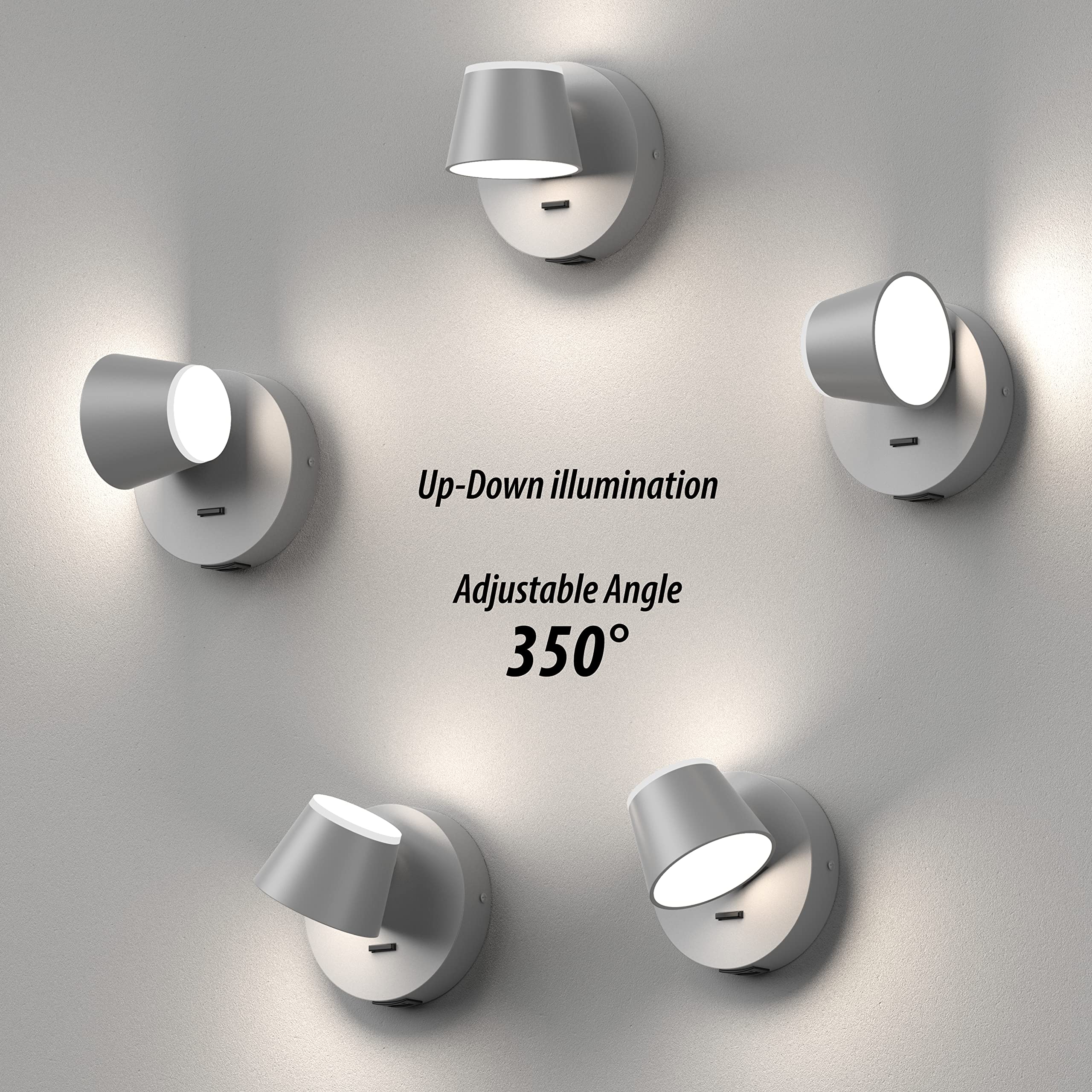 URSOLA LED Wall Sconce with On/Off Switch, USB Charging, Hardwired, Gray, Model 7540-1T-GY, 350° Rotatable Up/Down Lighting