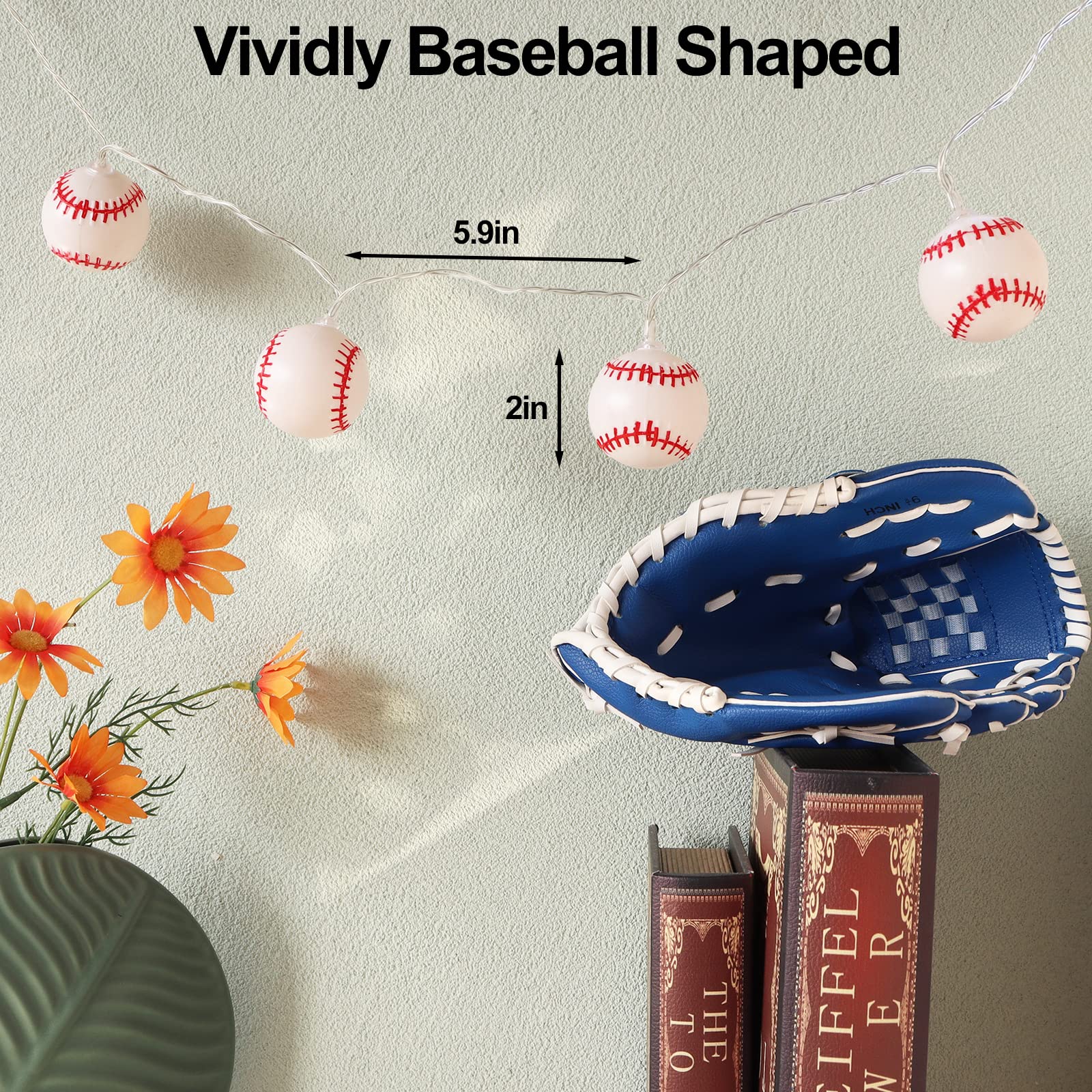 Yayfazy Baseball String Lights, 6.5Ft Timer, 10 Led Warm White, Battery Operated Decor For Kids Room & Sports Parties, Model Bs001
