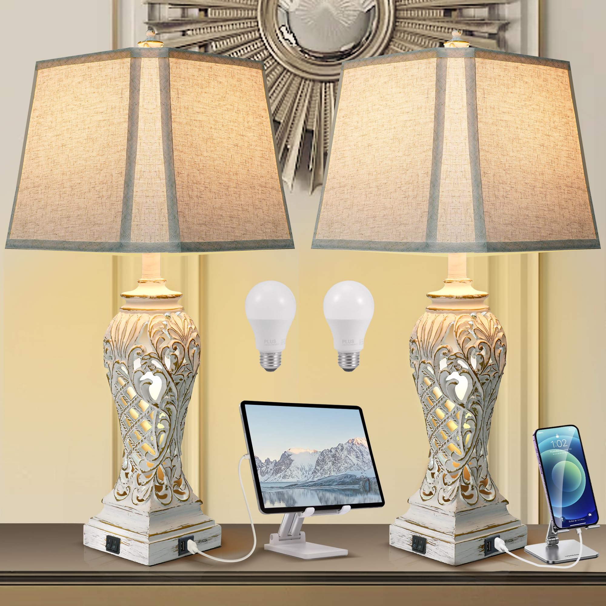WEITERS 29'' Tall Farmhouse Table Lamps Set of 2, Boho Table Lamp for Living Room with USB C+A, Bedside Lamp with Nightlight for