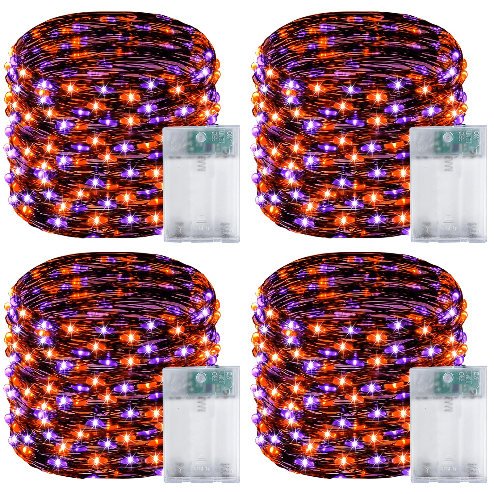 BOSSERN 4 Pack 60LED Fairy Lights, Battery Operated, Waterproof, 20FT, Black Wire, Halloween Decor, Purple & Orange