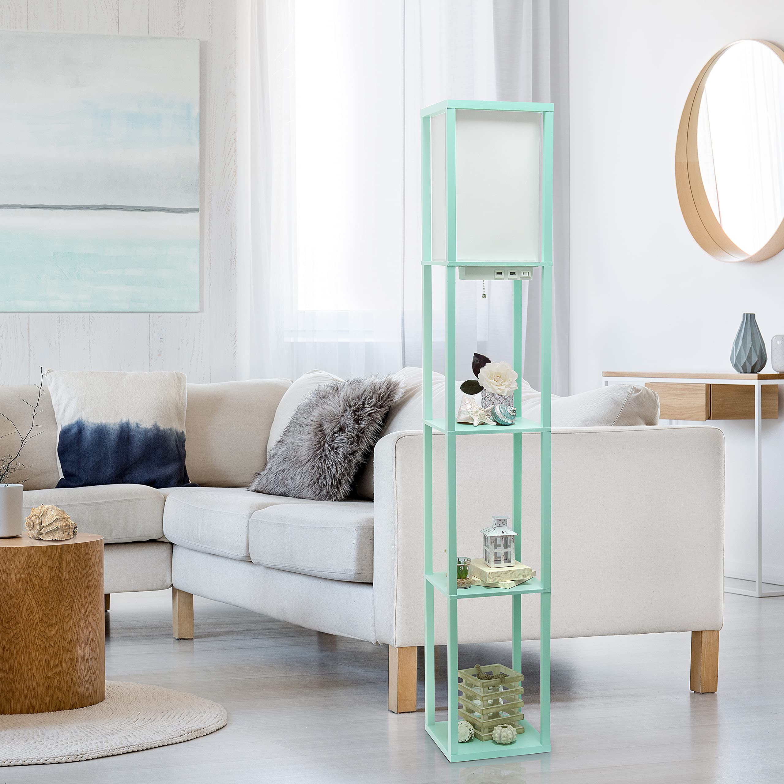 Simple Designs Lf1037-Aqu Floor Lamp Etagere Organizer Storage Shelf With 2 Usb Charging Ports, 1 Charging Outlet And Linen Shade, Aqua