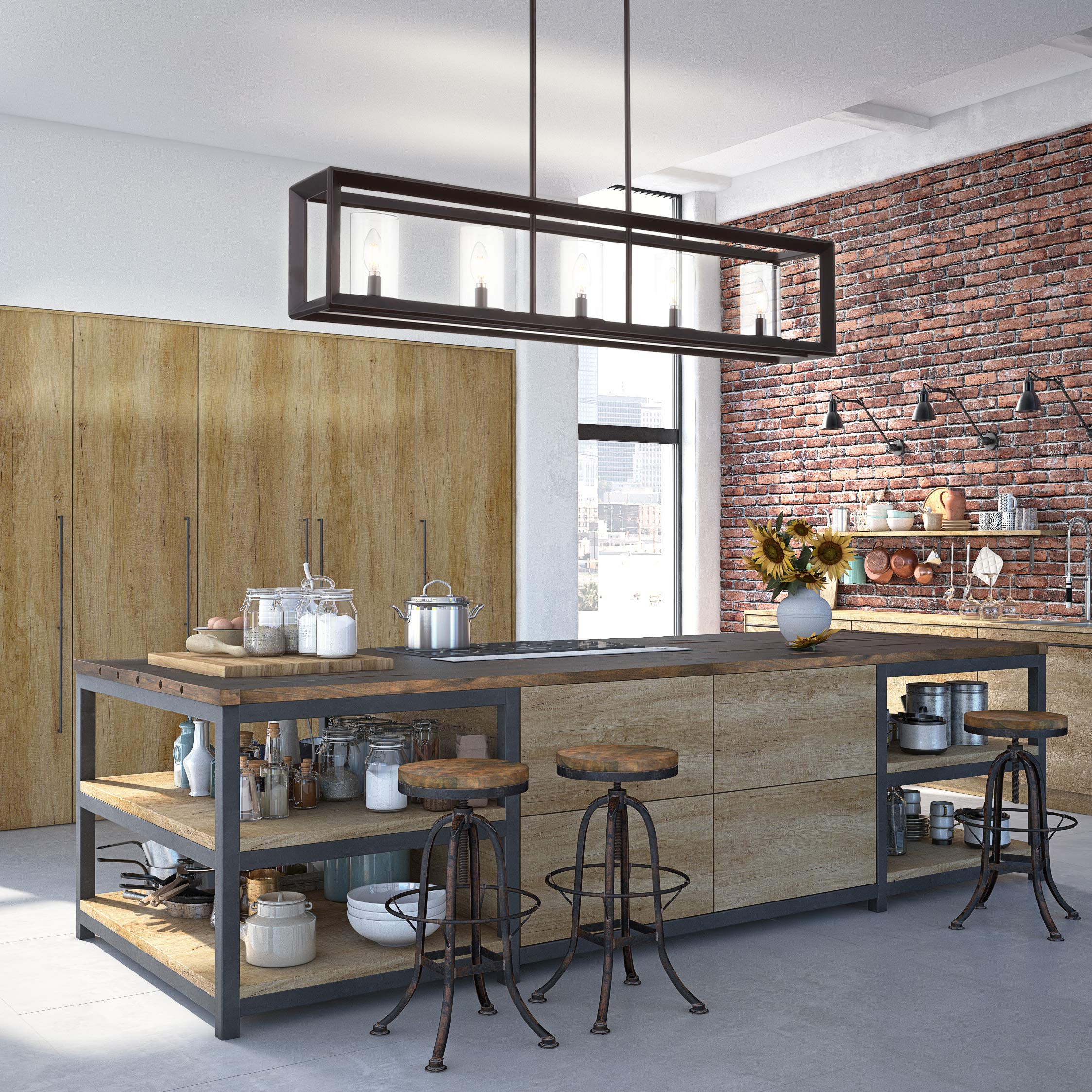 JONATHAN Y LED Pendant Light, 5-Bulb, Metal/Glass, Oil Rubbed Bronze/Clear, Model JYL7414A, Contemporary Design for Dining Room, Kitchen,