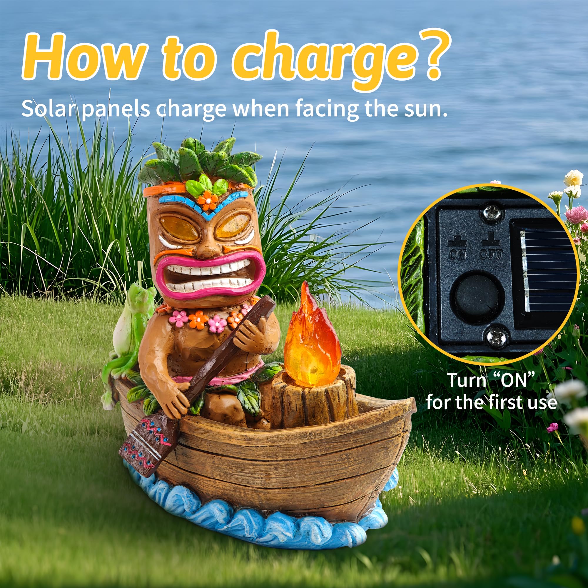 CFFOWNUG Solar Tiki Outdoor Statue - Funny Lawn Decor, Resin, Brown, CF-TIKI003-Boating
