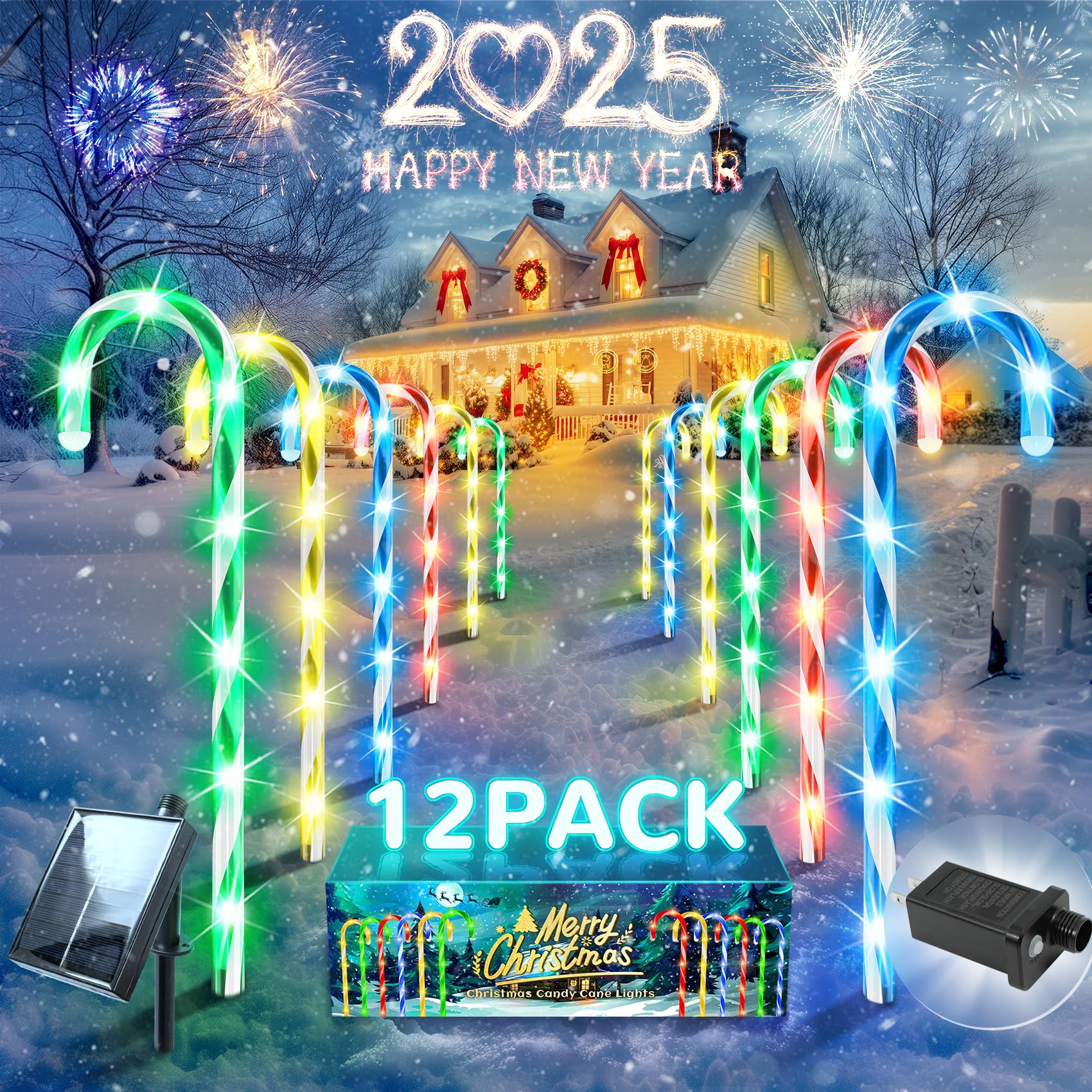 Solar Christmas Lights Outdoor Decorations: 12 Pack Candy Cane Light Colorful for Yard Decor Outside - LED Pathway Stake Lighted