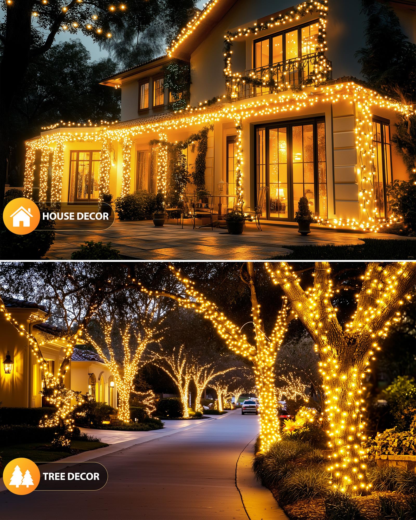 Brightown Solar String Lights 92Ft, 240 LED, Waterproof, 8 Modes, Warm White, 2 Pack for Patio, Yard, Garden Decorations
