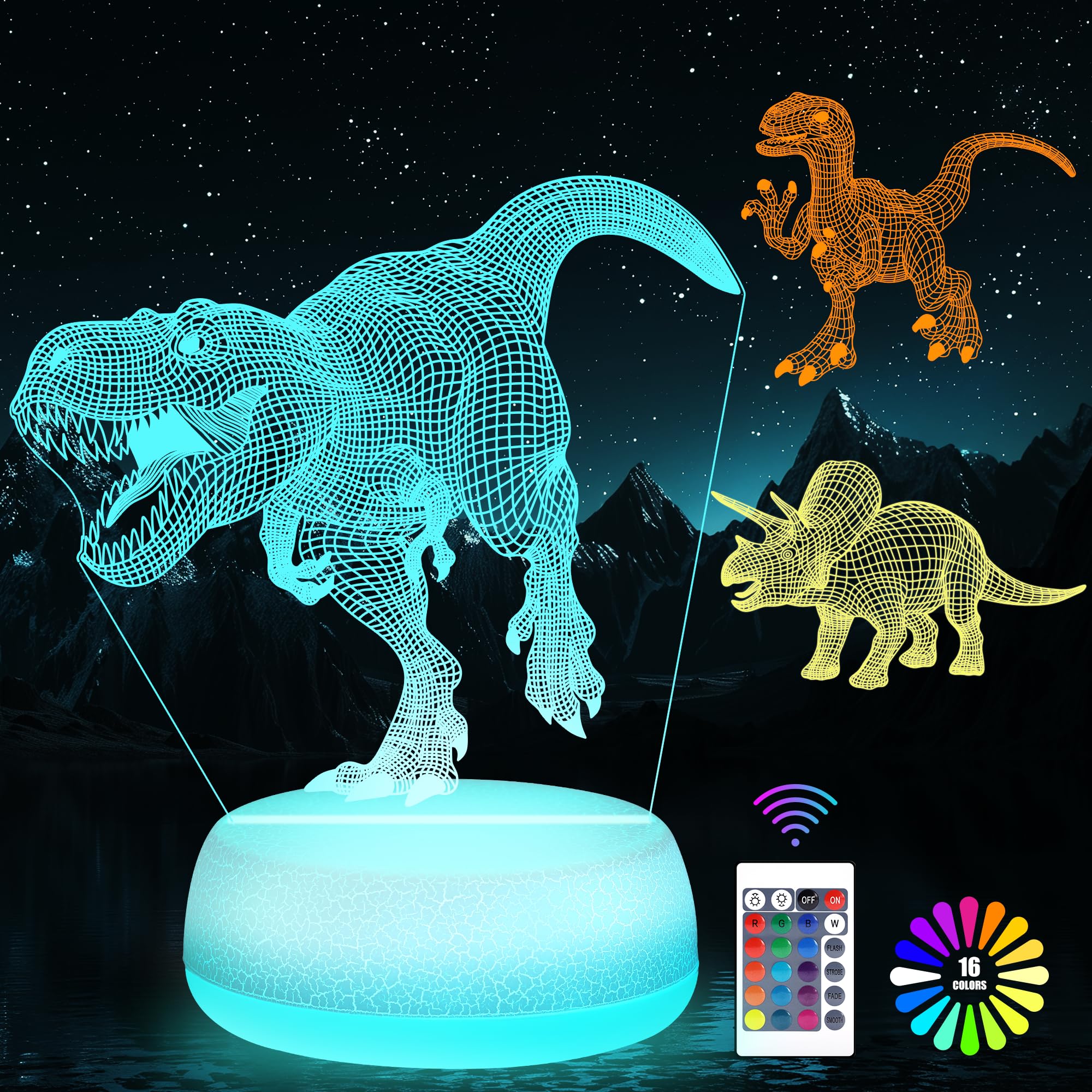 JURHHOEN Dinosaur Night Light, Night Light for Kids - Third-Generation 3D Acrylic Night Light, 16 Color Changing Lamp with 3 Din