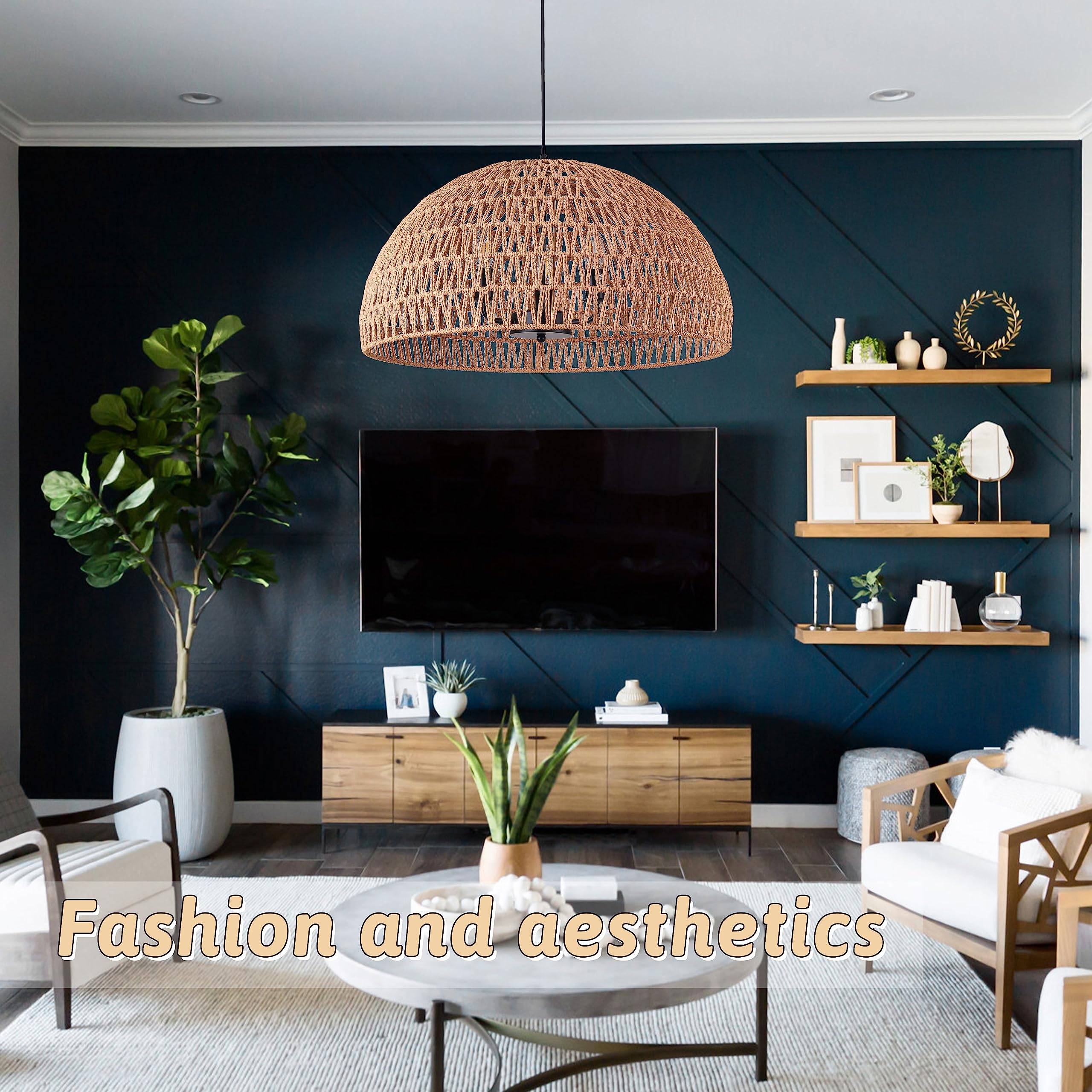 Ayshwilldec 24&quot; Brown Woven Pendant Light - Boho Chandelier For Dining Room, Living Room, Kitchen