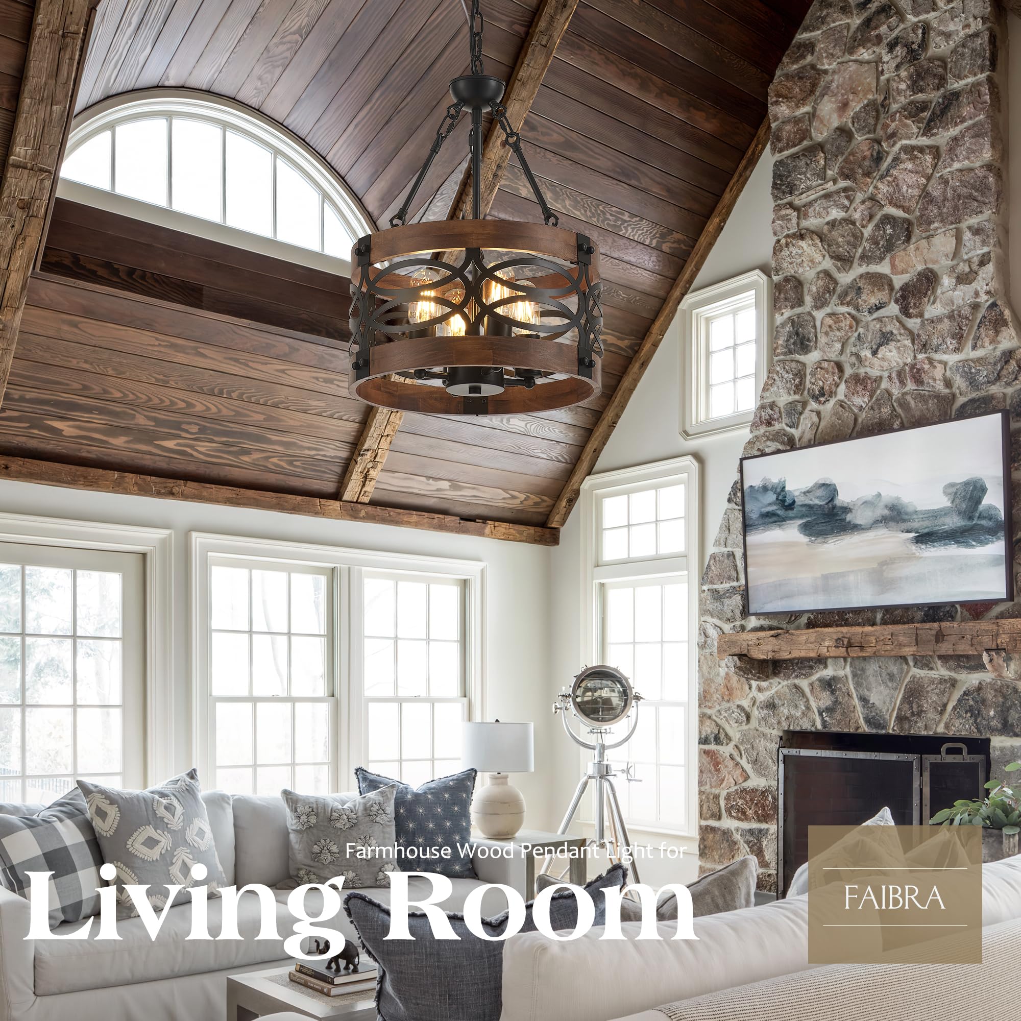 Faibra 4-Light Farmhouse Drum Wood Pendant Light 13.8'' Vintage Rustic Brown Oak Wood Chandeliers,Retro Industrial Hanging Light