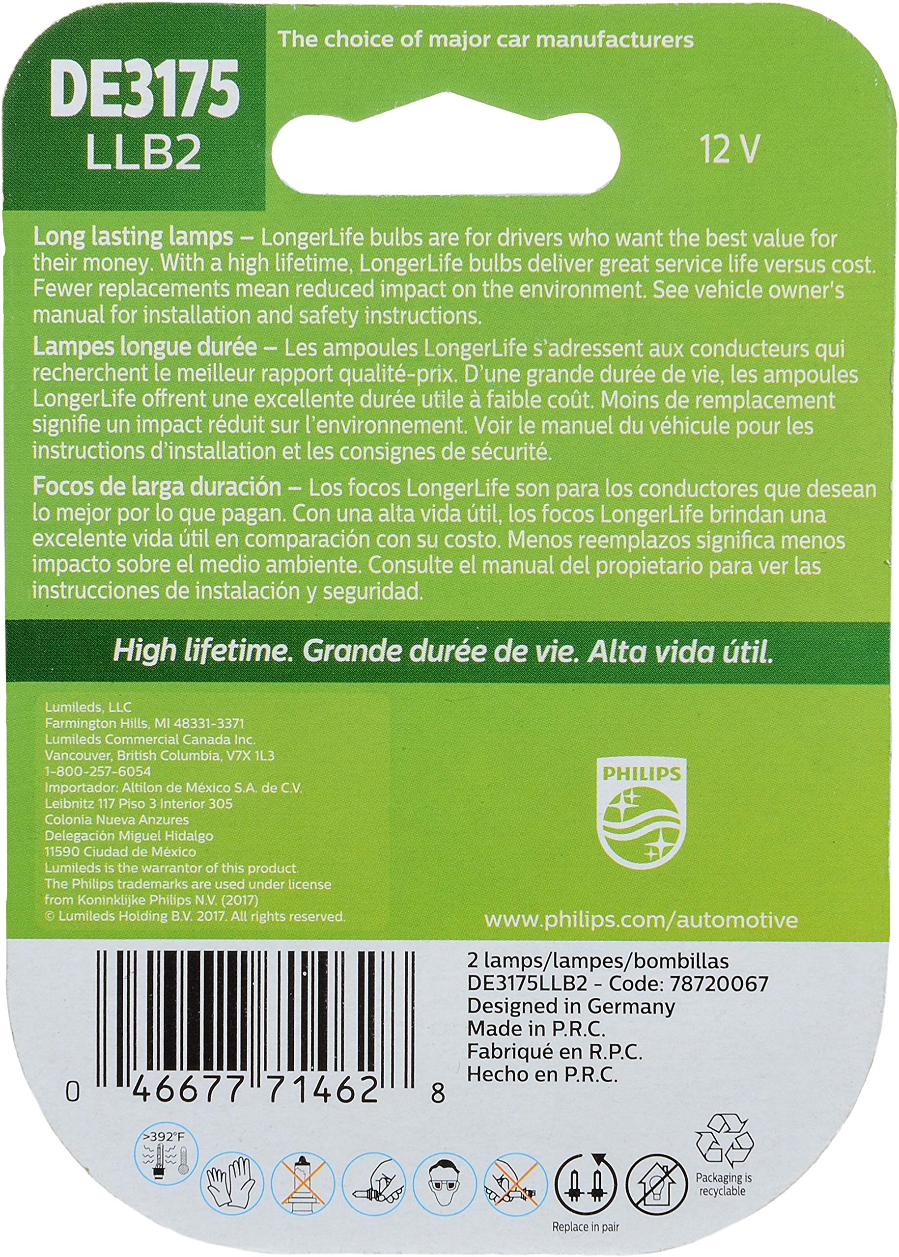 Philips Automotive Lighting DE3175 LongerLife Miniature Bulb, 2 Pack, One Size, White, Model DE3175LLB2
