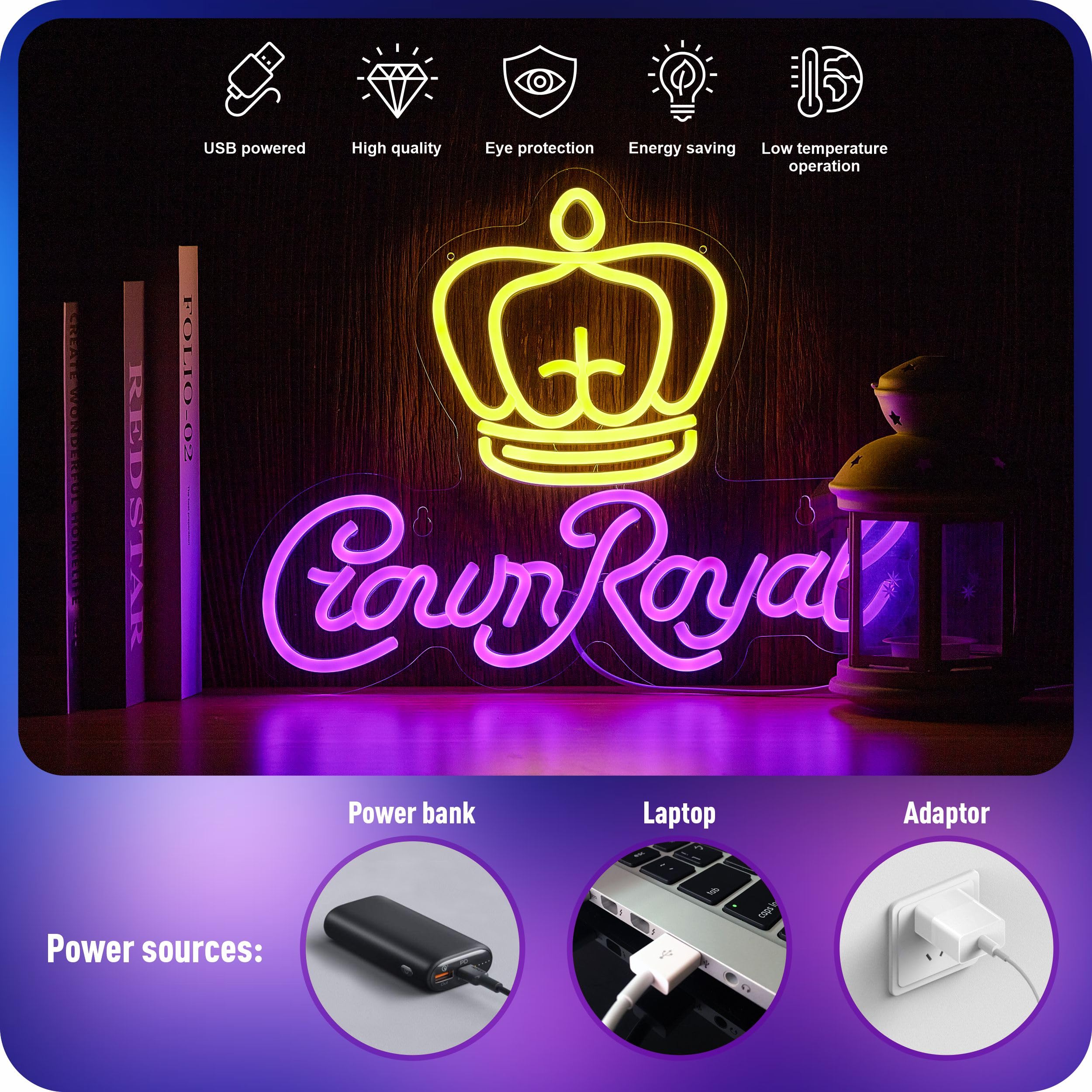 MkoGad Crown Neon Sign Wall Decor LED Light, 16.5inx12.6in, Acrylic, Yellow & Purple for Bar, Pub, Party, Club