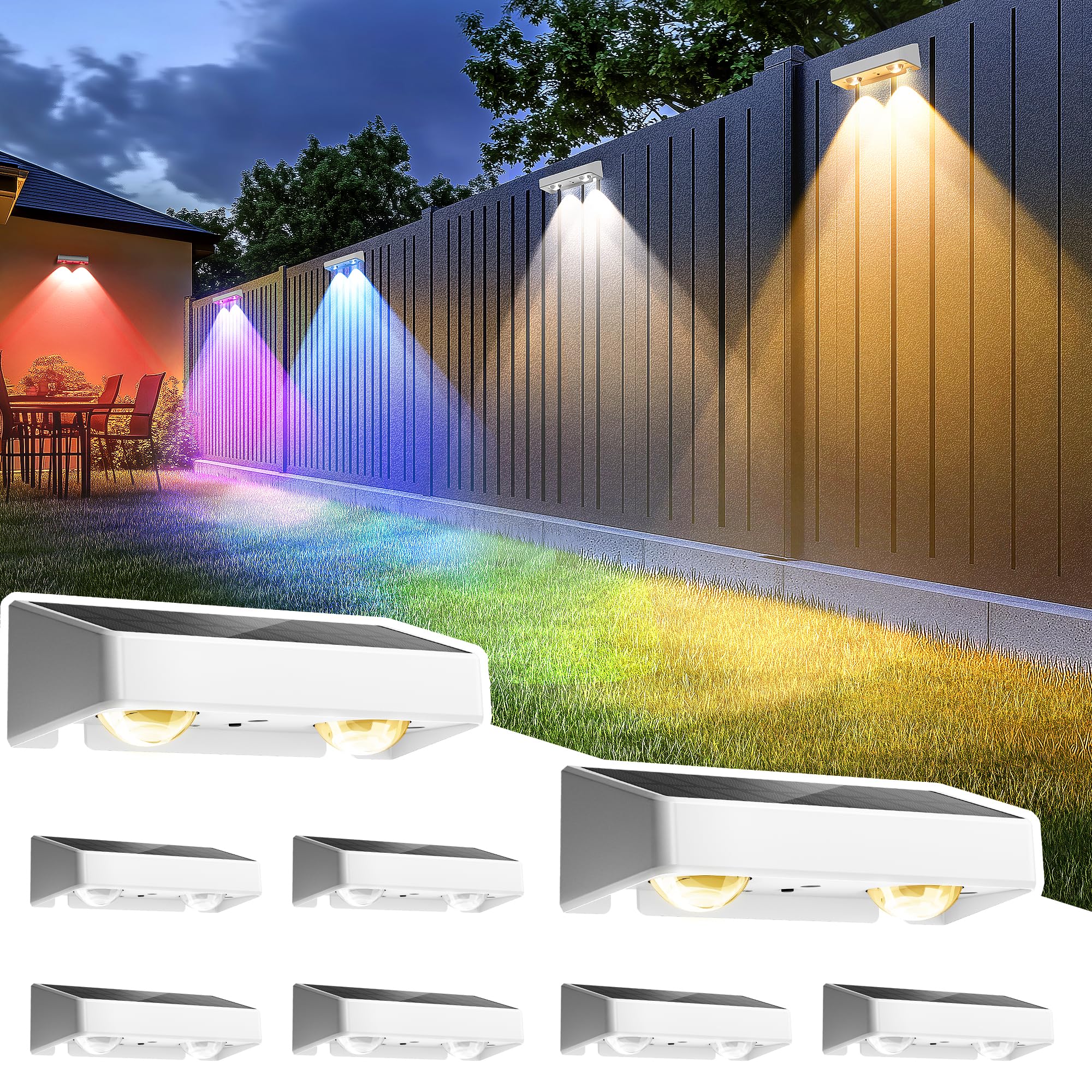 SOLPEX Solar Fence Lights, 9 Colors & Color Changing, Waterproof IP65, LED Deck Lighting, 8 Pack, White, Model 9917