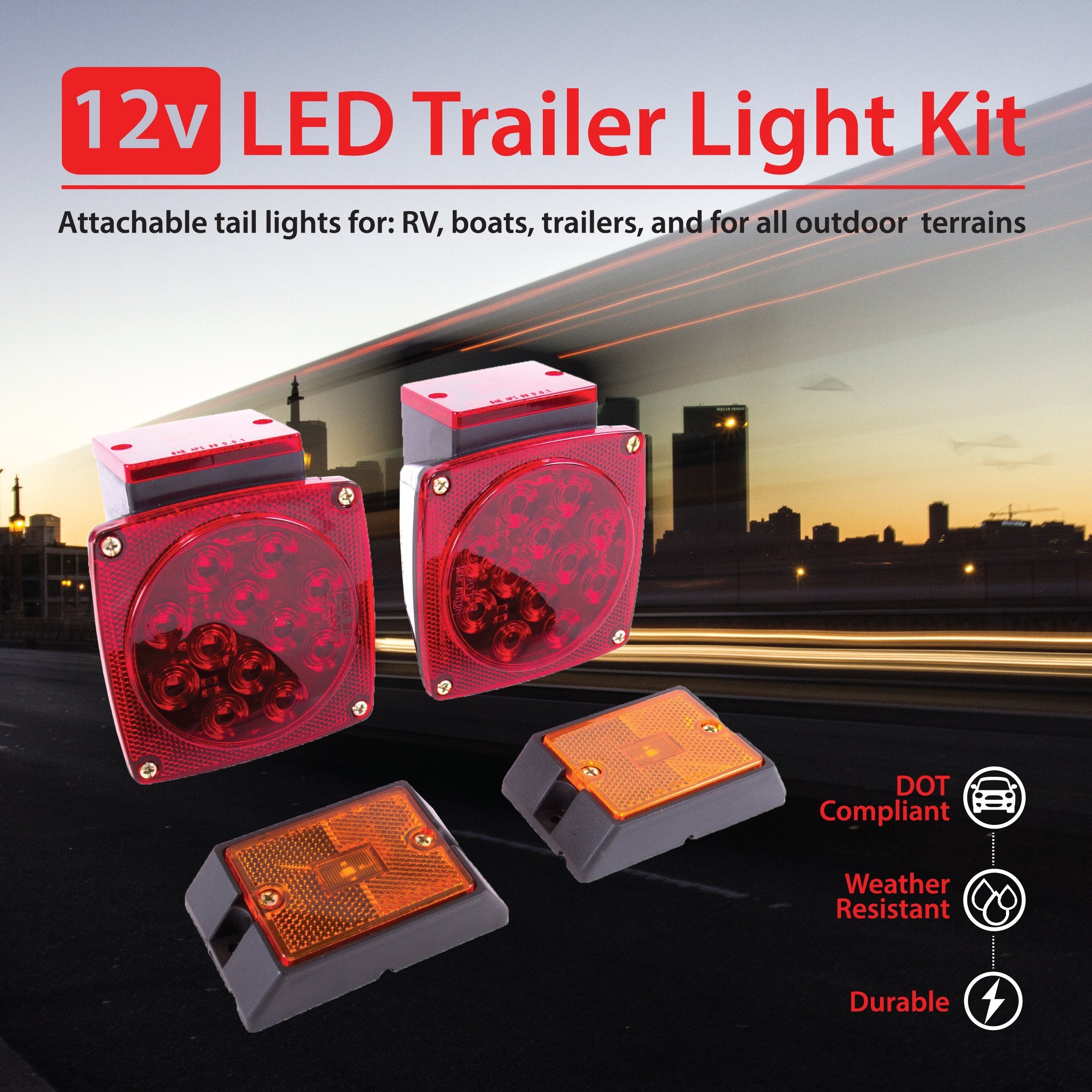 Wellmax 12V Led Trailer Lights Kit, Submersible And Waterproof, Attachable Tail Lights For Rv, Marine, Boat, Trailer, Camper