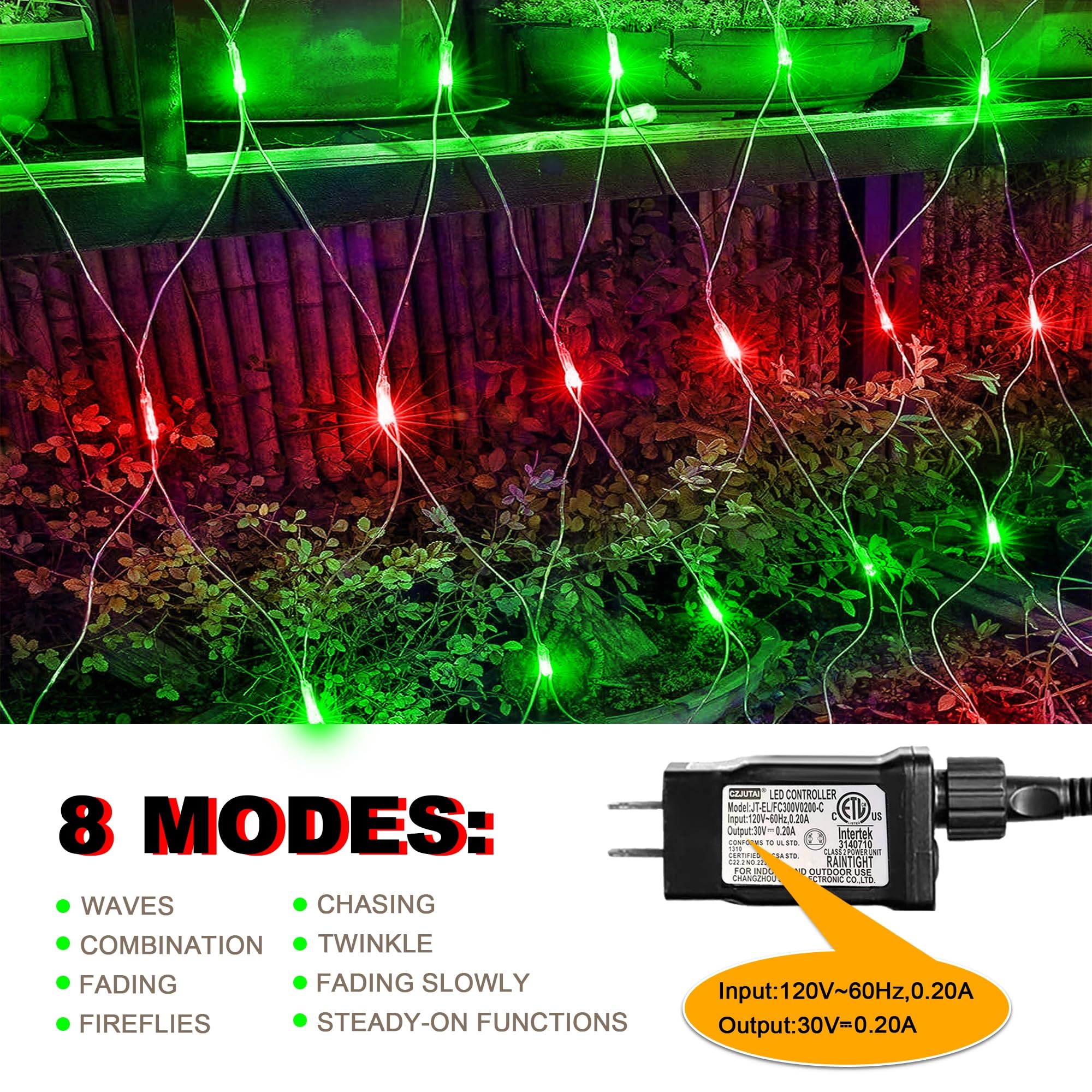 198 Led Christmas Net Lights Plug In  9.8 Ft X 6.6 Ft Red Green Waterproof Net Lights Outdoor  8 Twinkle Modes Mesh Fairy Light For Xmas Tree Bush Garden Ceiling Holiday Decoration