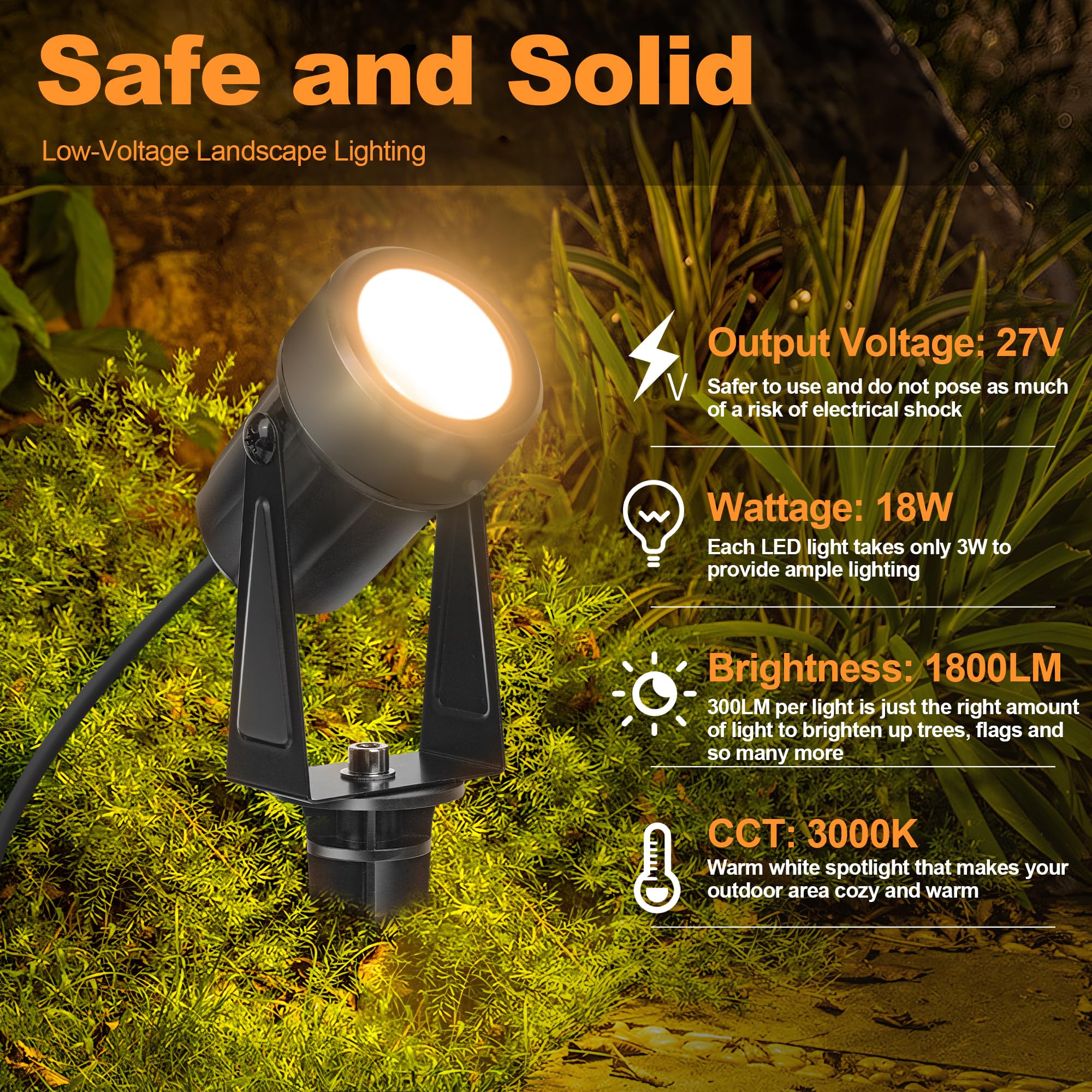 NEWKAZ Outdoor LED Spot Lights, 18W 1800LM, IP65 Waterproof, 6-Light Pack, Warm White 3000K, Black, Low Voltage Landscape Lighting