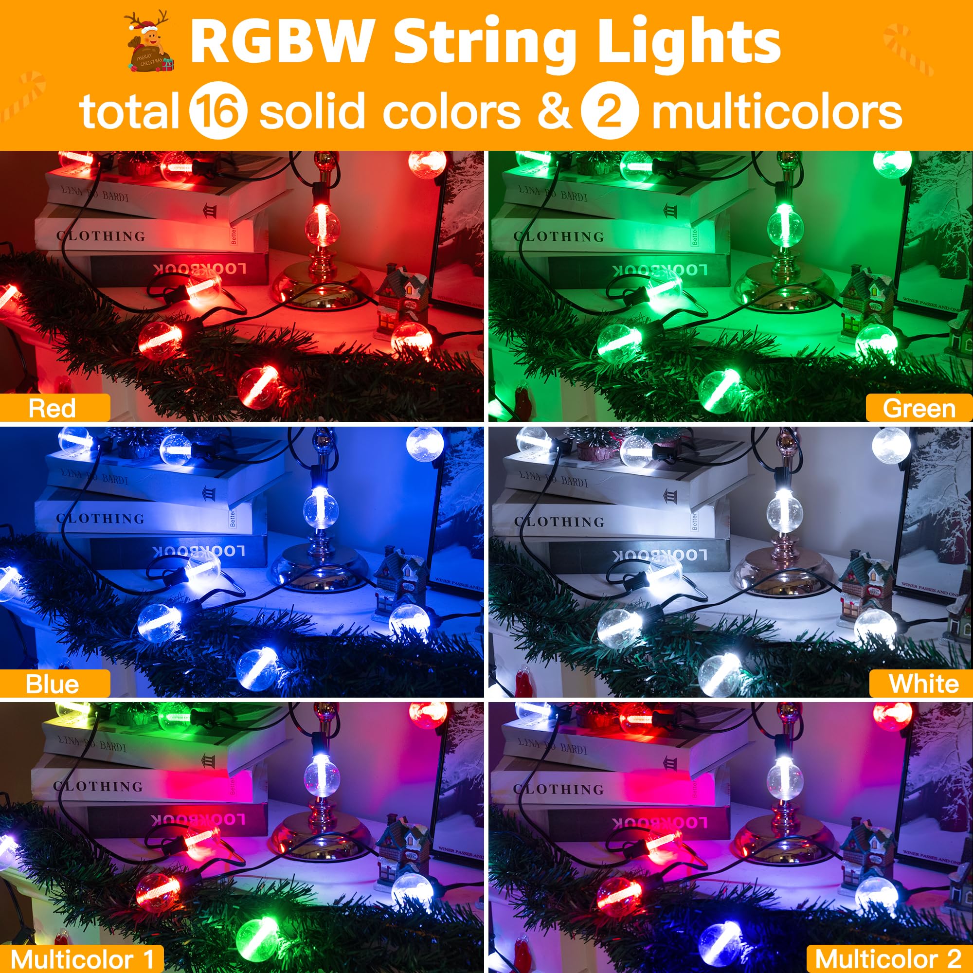 Ollny Christmas Lights Outdoor 30Ft Rgbw, Color Changing String Light With 20 Edison + 1 Spare G40 Led Bulbs, Plug In Remote Waterproof Connectable Timers Patio Lights For House Indoor Outside