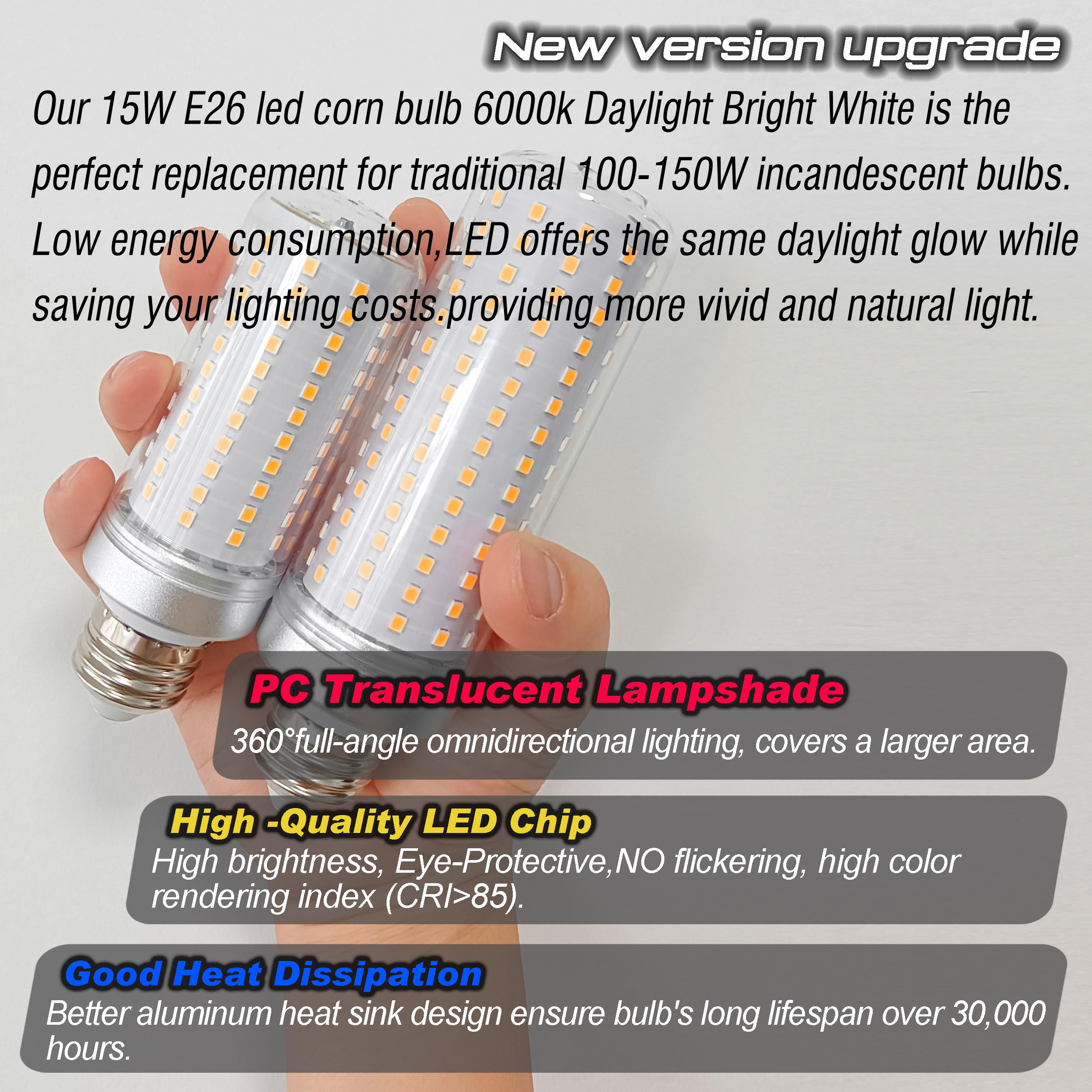 Big 1.57X 4.92Inch  E26 Led Corn Light Bulb 150W Equivalent 2200 Lm 6000K Cool Daylight Bright 15W E27 Medium Base Non-Dimmable Candelabra Ceiling Fan Corn Lighting For Home Garage Warehouse 5Pack