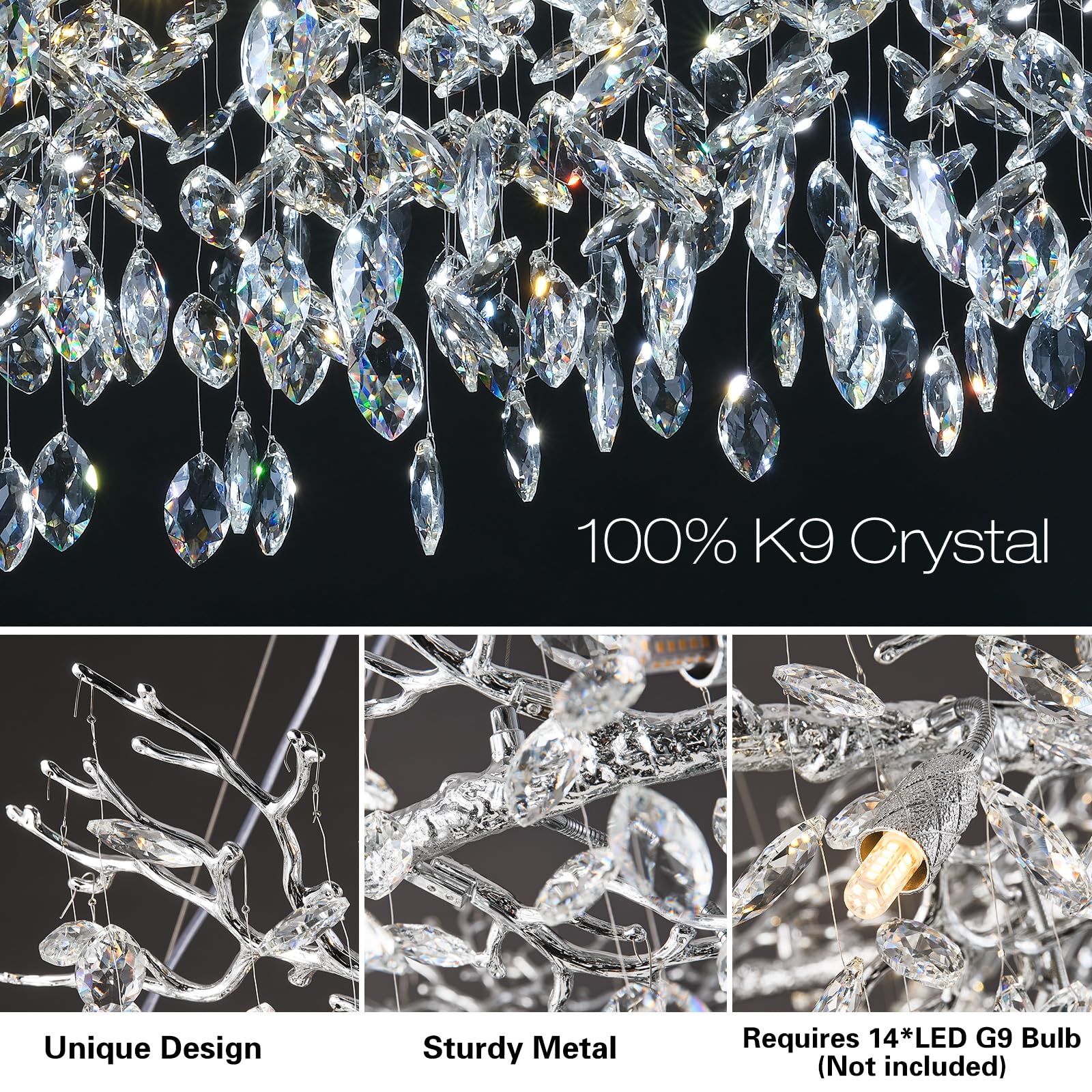 Kvtinmty 14-Light Round Silver Crystal Chandelier, 48" D, Modern Design for Living Room, Dining Room, Bedroom, Foyer