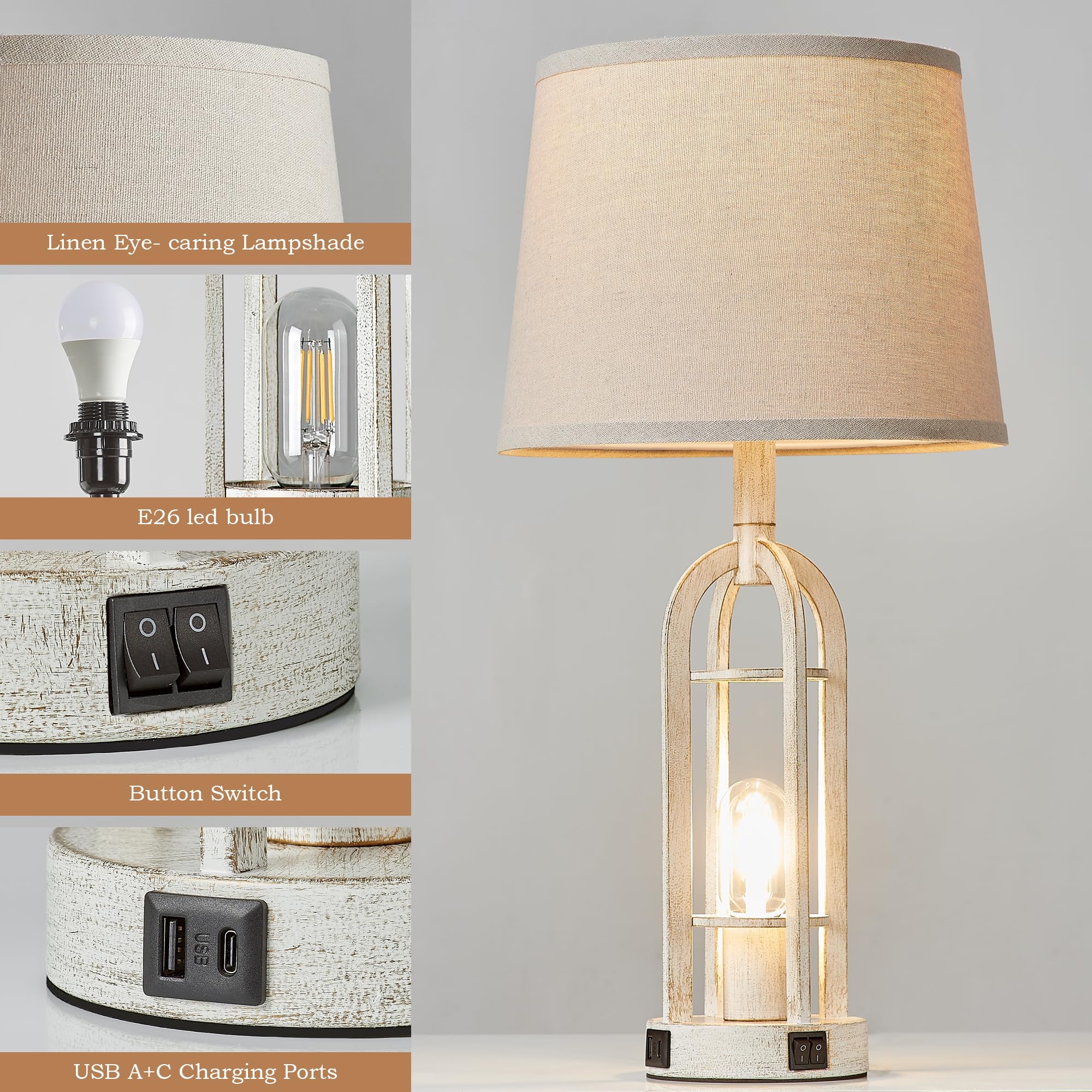 Srjja Table Lamps For Living Room Set Of 2 - Farmhouse Lamps For Night Stands With Usb A+C, Bedside Lamps For Bedroom, 24'' Vint