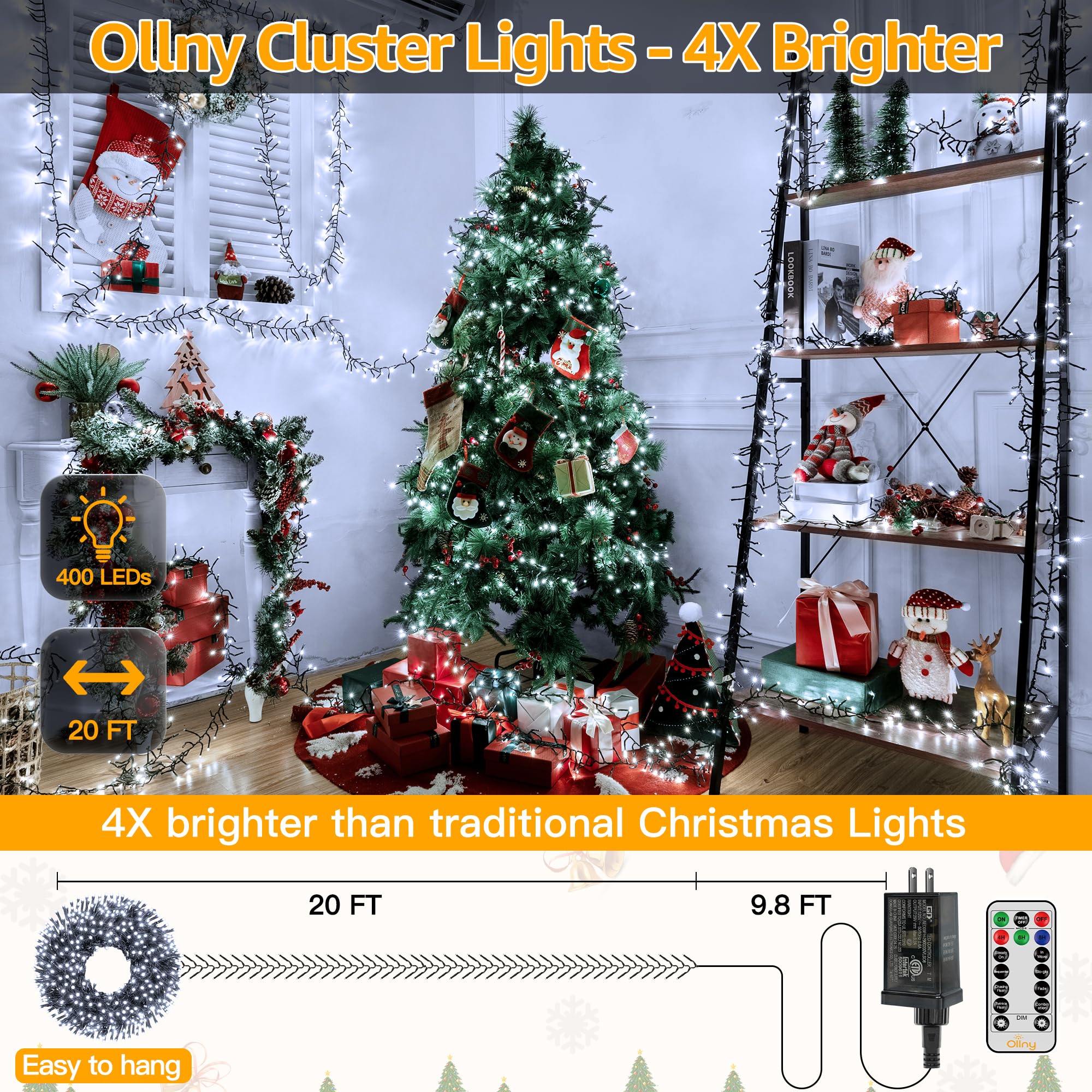 Ollny Cluster Lights For Christmas Tree, 400Led 20Ft Cool White Christmas Lights Outdoor 8 Modes Timer Remote, Waterproof String