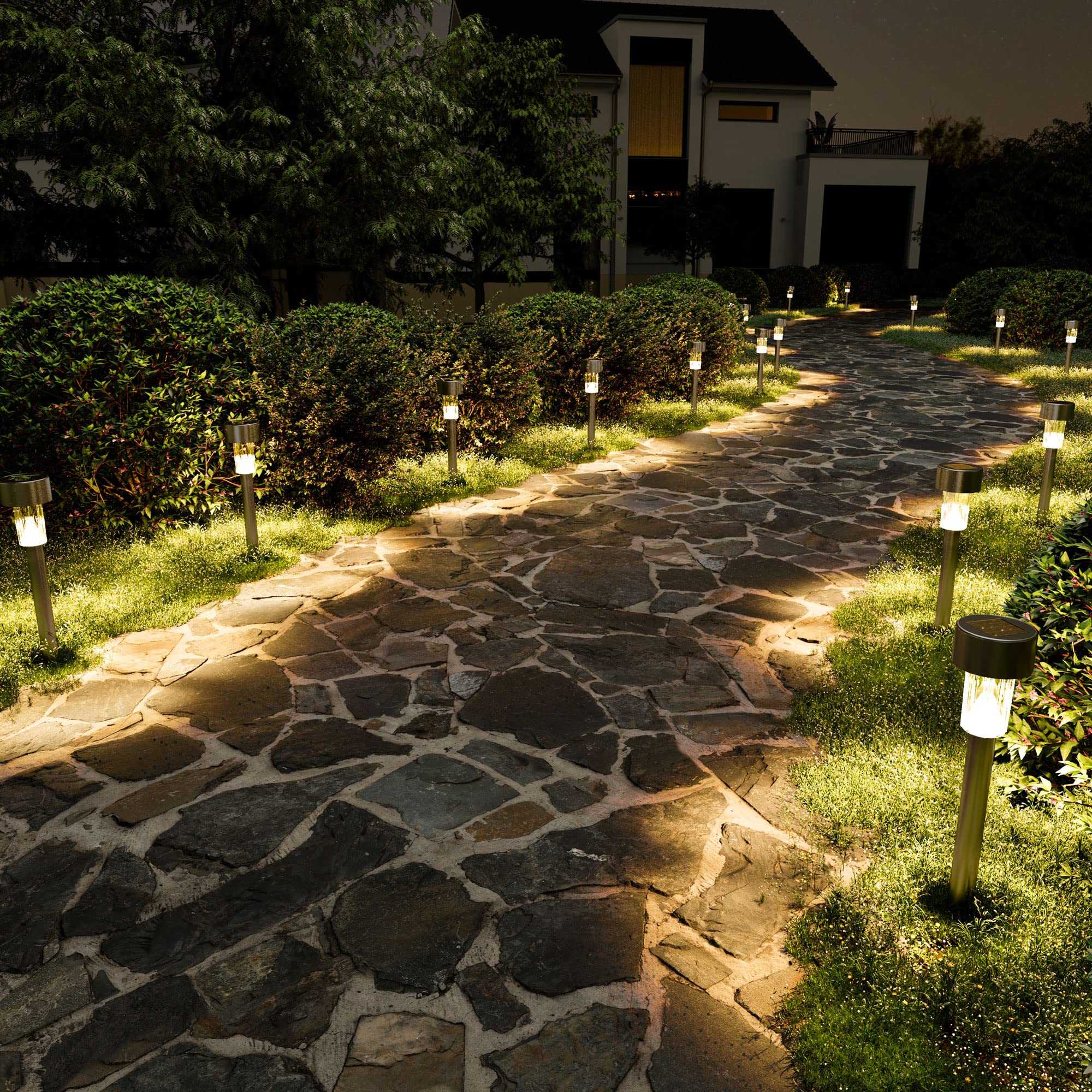 SOLPEX Solar Outdoor Lights 16 Pack, Stainless Steel, Waterproof LED Landscape Lighting, Warm White, Model 6983