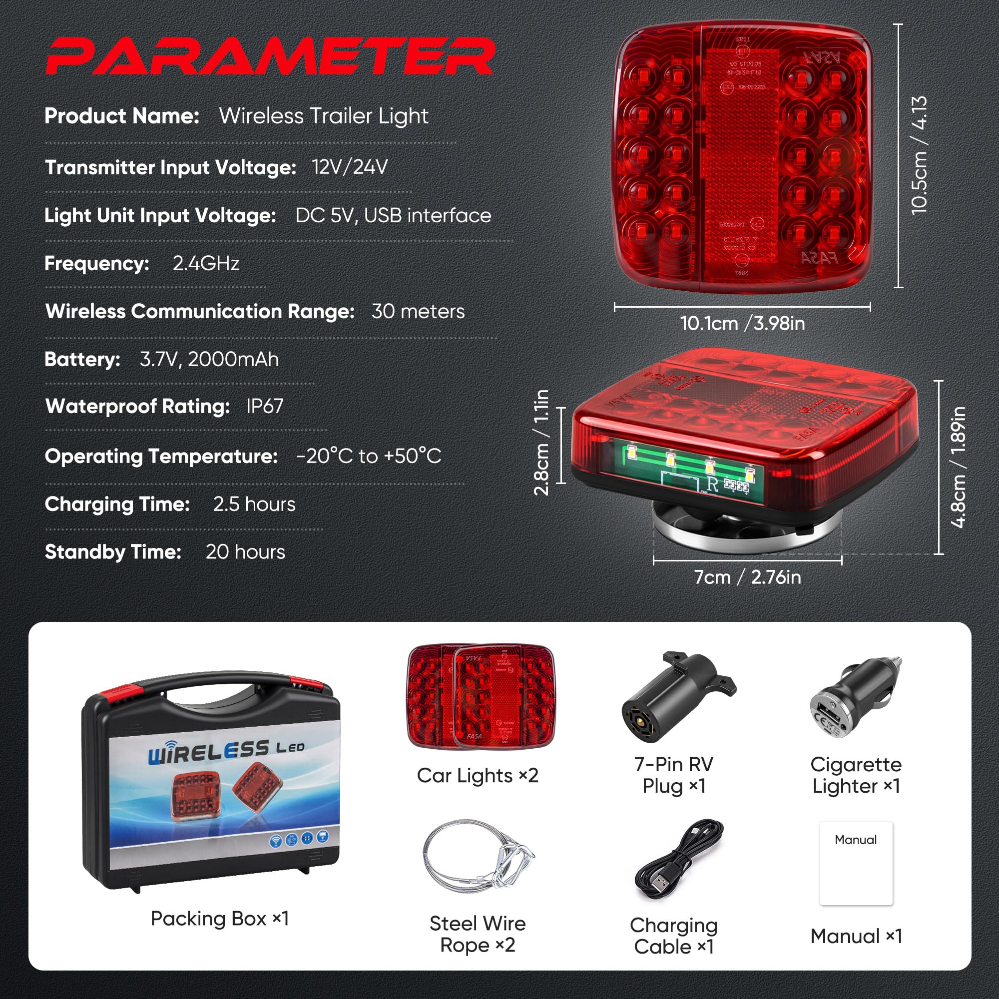 Pleysyncz Wireless Trailer Lights Magnetic  Wireless Tail Lights For Trailer  With 7 Pin Plug  Brake Turn Signal Hazard Warning Light  Ip67 Waterproof  For Truck  Rv  Boat  Tractor (Red)