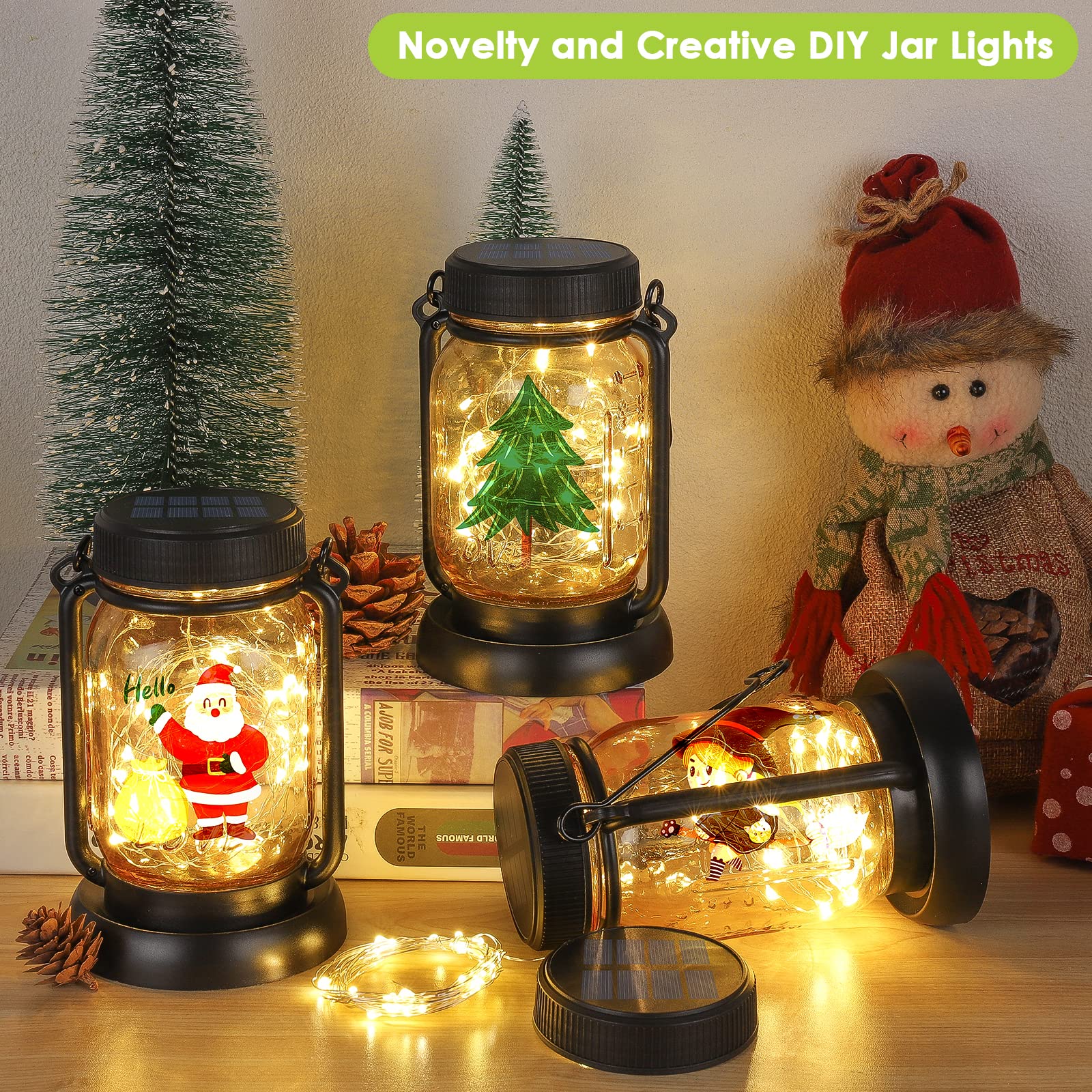 Mlambert 4 Pack Solar Hanging Lantern With Stakes, Outdoor Waterproof Solar Mason Jar Fairy String Lights Decorative Vintage Gla
