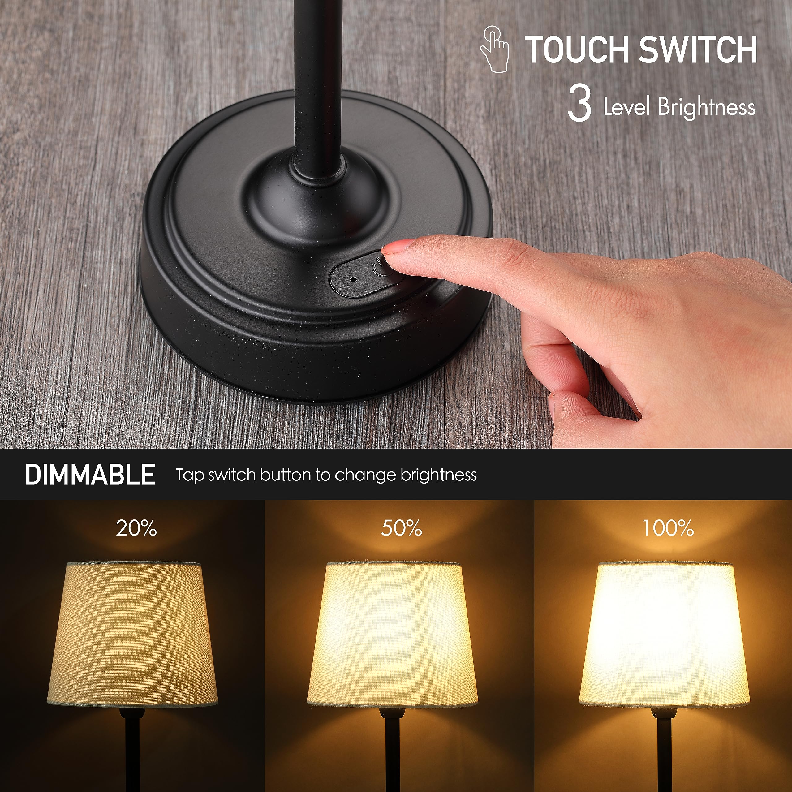 O'Bright Cordless LED Table Lamp - 3-Level Brightness, Rechargeable, Black, Model OB-TL19B, Perfect for Patio and Bedroom