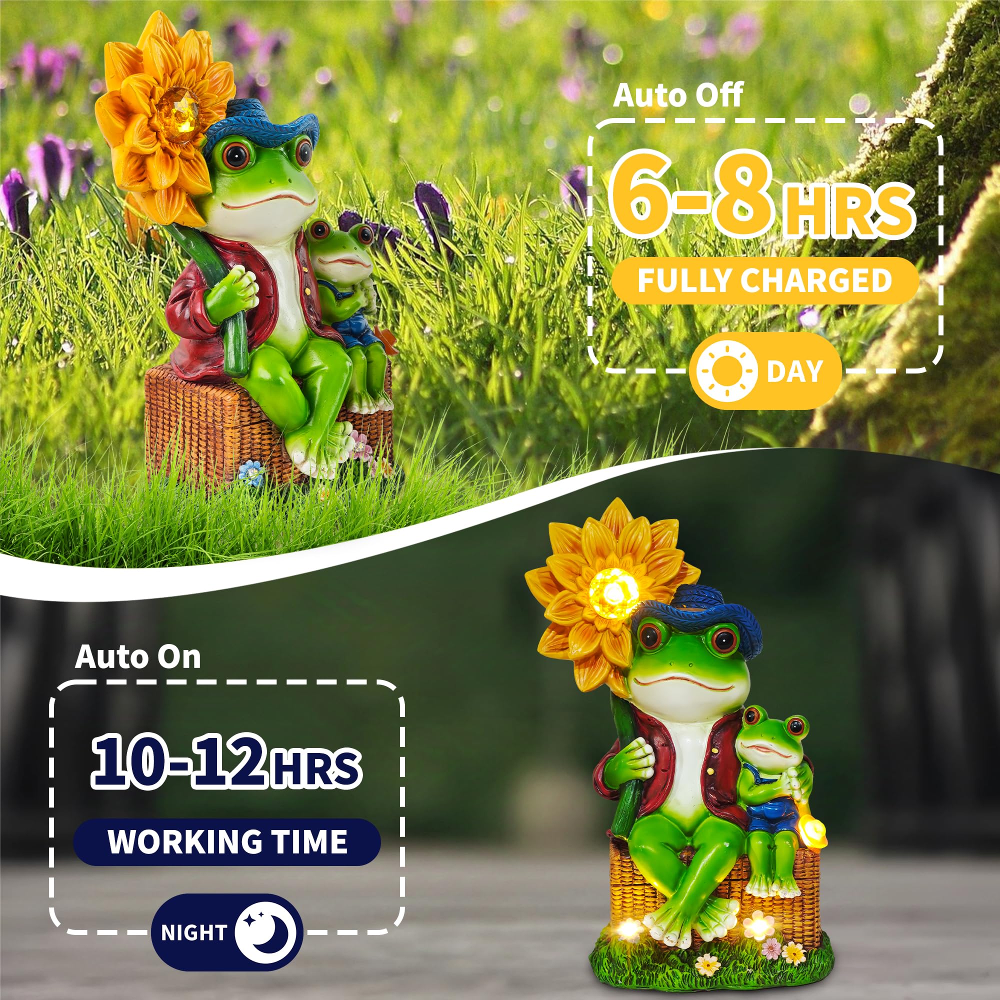CFFOWNUG Outdoor Frog Garden Decor, 9in  Resin Yard Decoration, Funny Solar Frog with Sunflower Light, Model CF-FLOG001, Frog Color