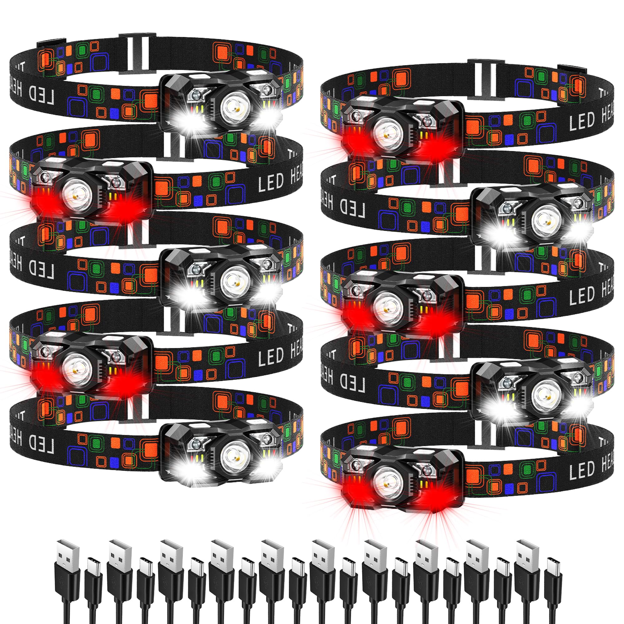 Kunhe 10 Pack Headlamp Flashlight Head Lamps Led Rechargeable Headlight Motion Sensor Head Lamp 10 Mode For Outdoor Camping Gear