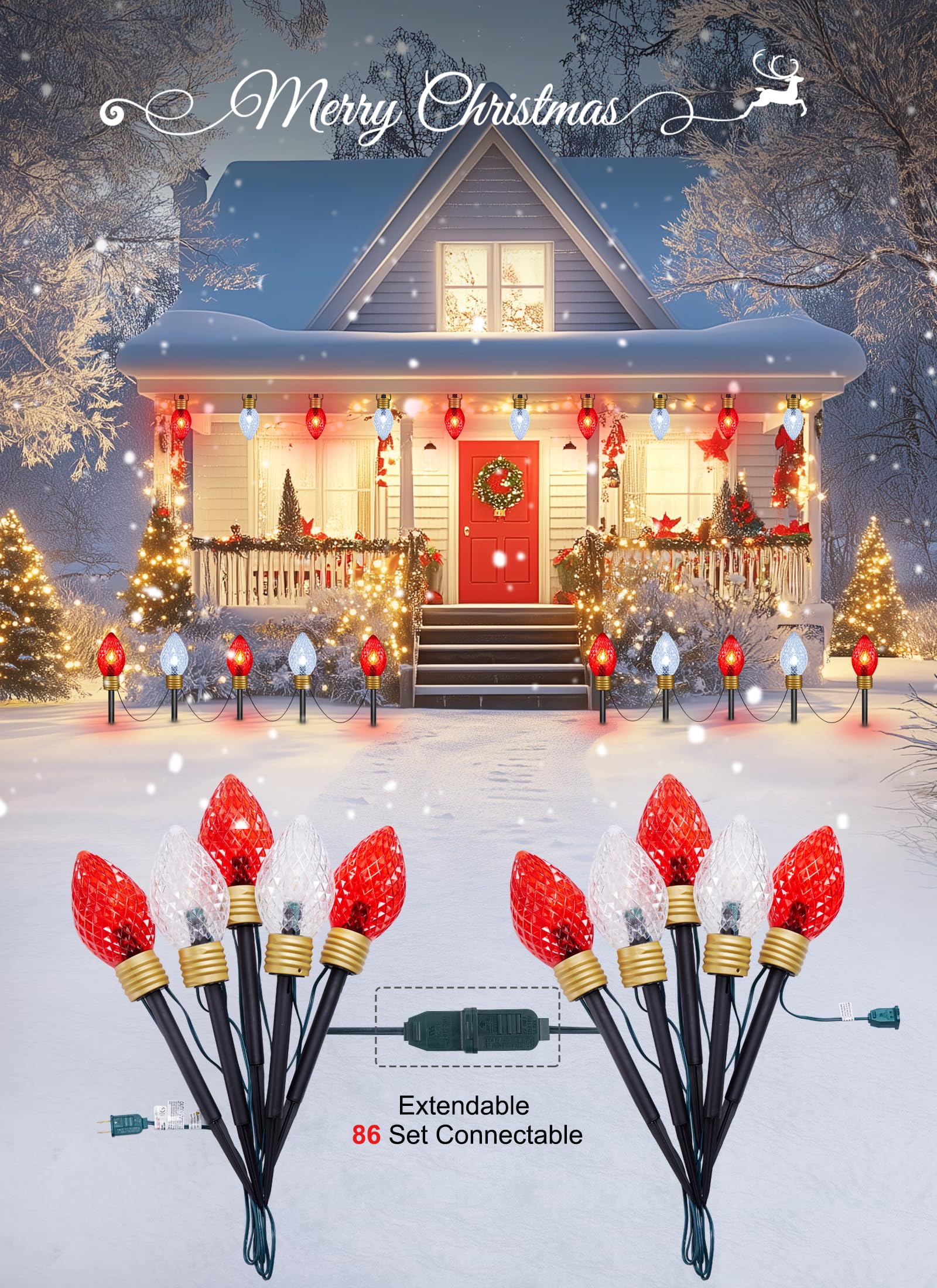 Moonflor C9 Christmas Pathway Lights - 2 Pack, 17FT, 10 LED, Red & Pure White Outdoor Decoration