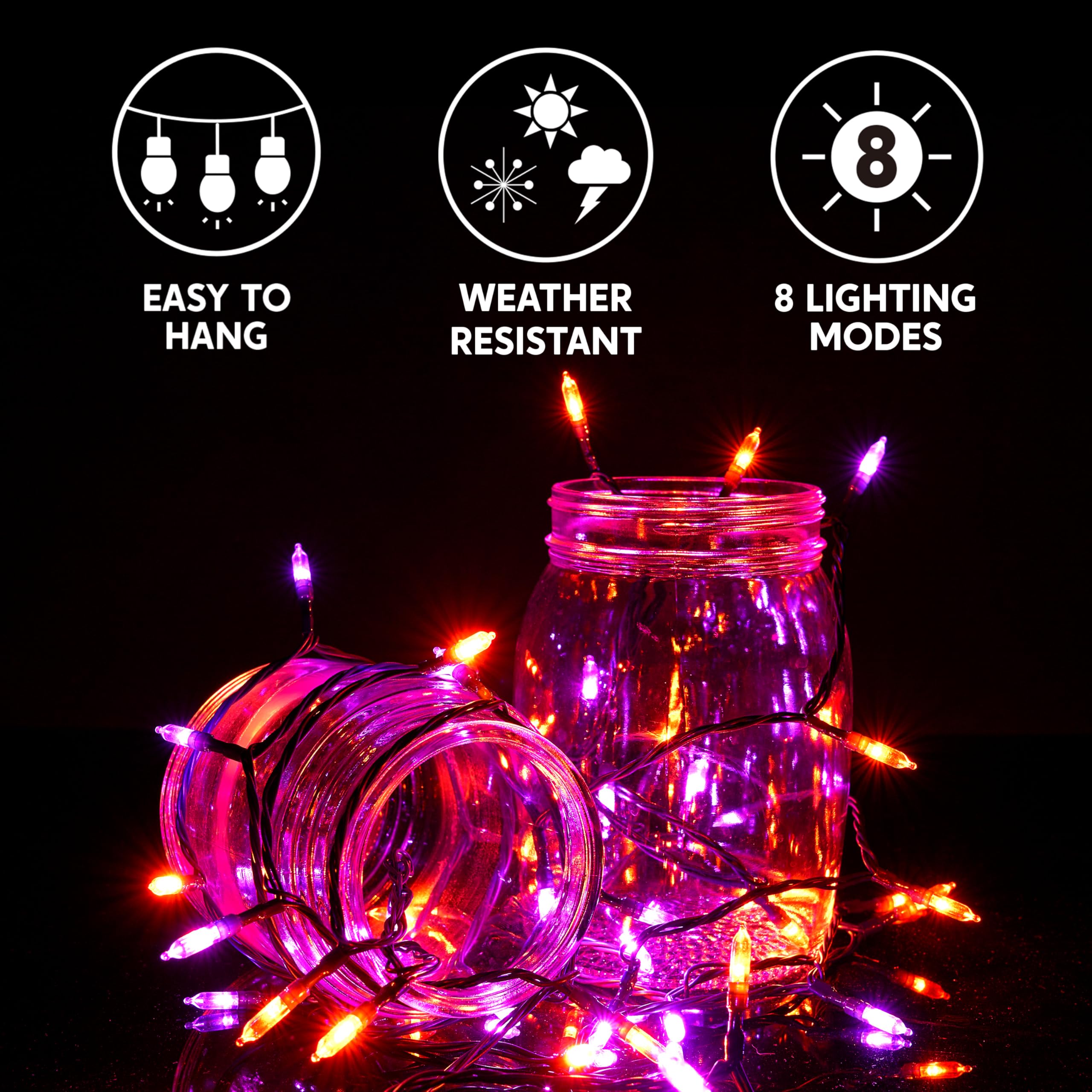 Joiedomi LED Christmas Lights, 32.6FT Battery Operated, 8 Modes, 2?50ct, Orange&Purple, Model JOI-LH-31146, Plastic Material