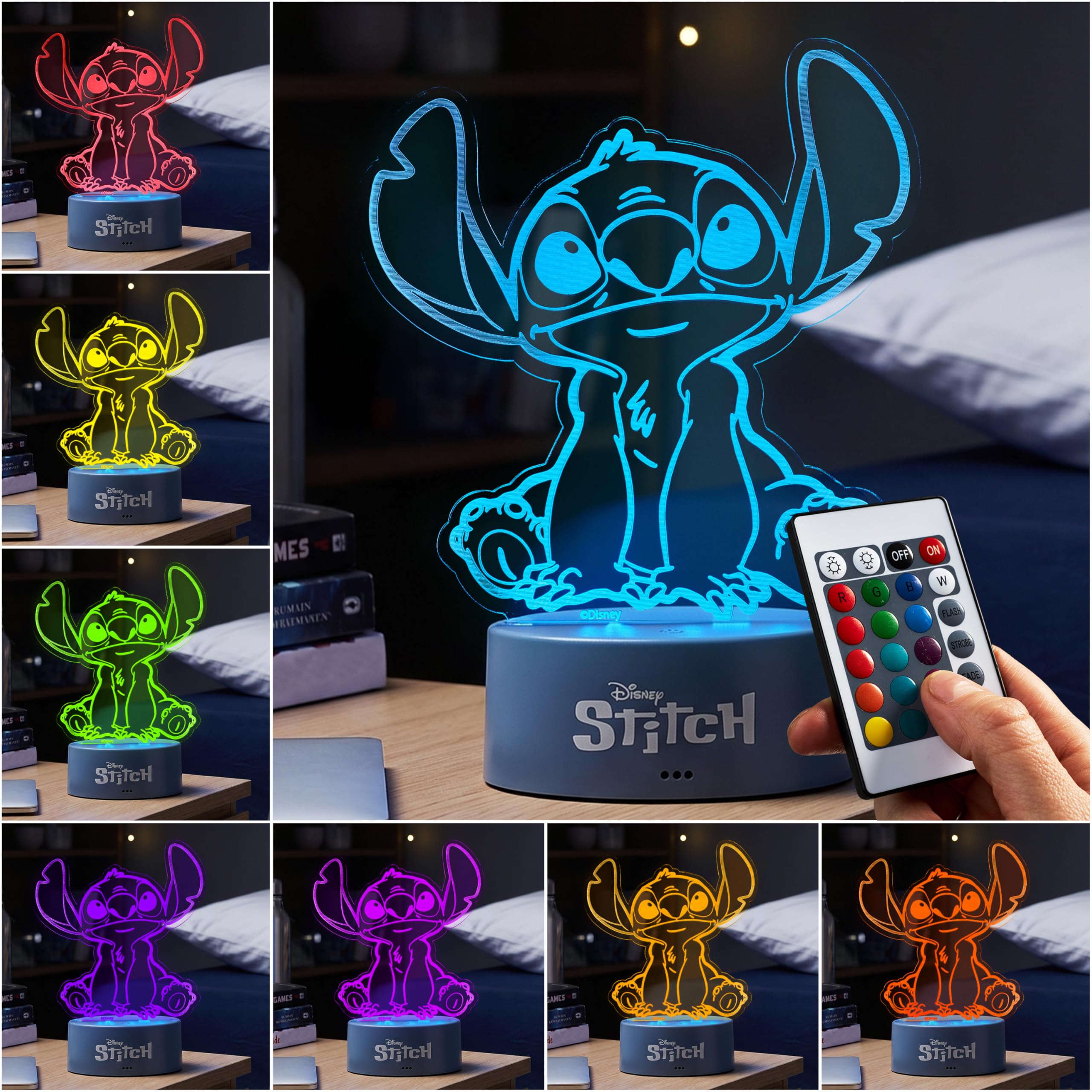 Get Trend Disney Stitch 3D Illusion Night Light for Kids, 16 Colors, 4 Lighting Modes, Dimmable, Dual Powered LED Desk Lamp with