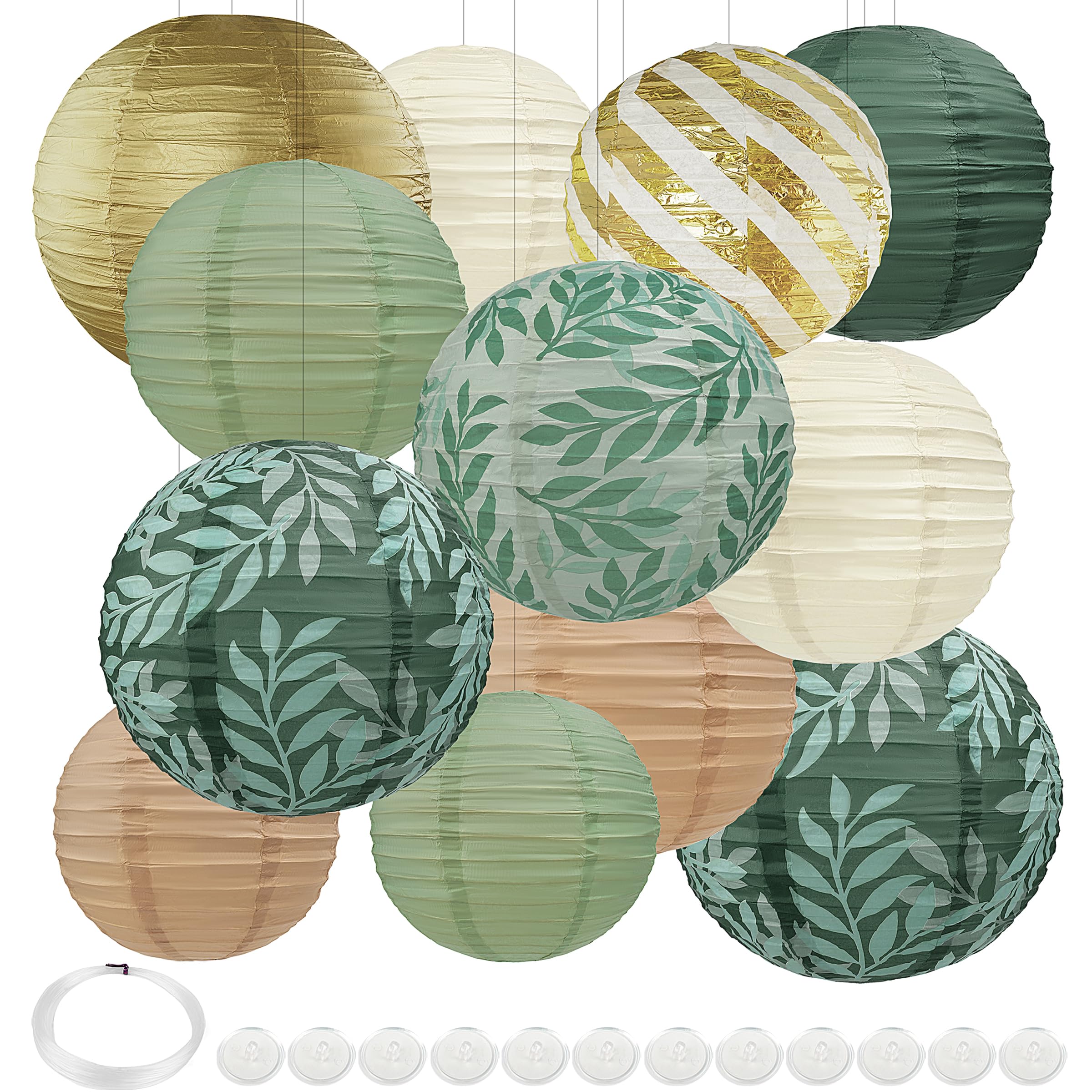 Sage Green Hanging Paper Lanterns Decorative, 12Pcs Sage Green And Gold Forest Birthday Party Decoration With Hooks And Ropes Br