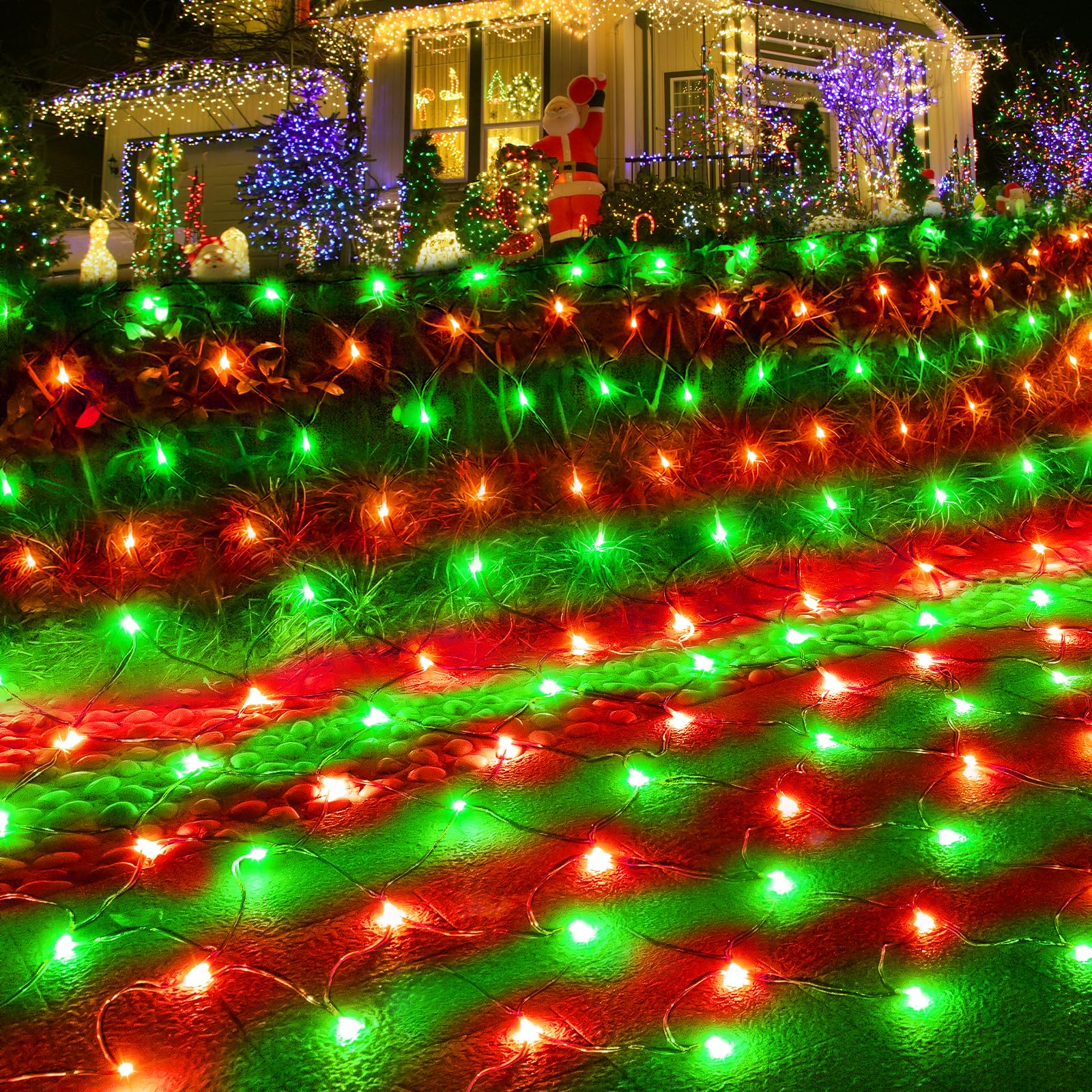 Pooqla Christmas Net Lights, 300 LED Outdoor Mesh Lights, 14.8x4.9 ft, Green Wire, Waterproof, Red and Green