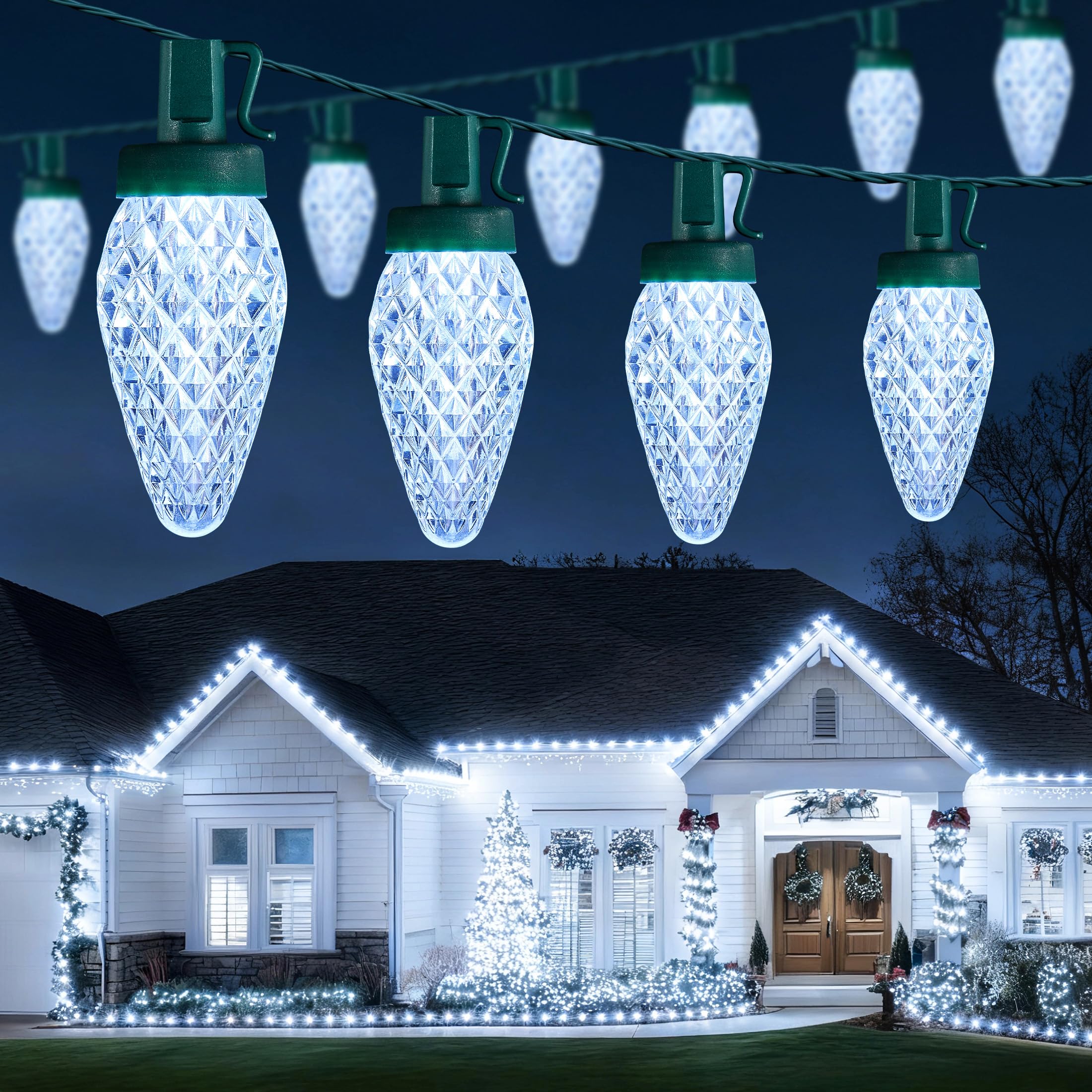Brightown C9 Christmas Lights, 150 LED Pure White, 114FT, Waterproof, 8 Modes, Plug-in, Model GY-C9-X-33-3B