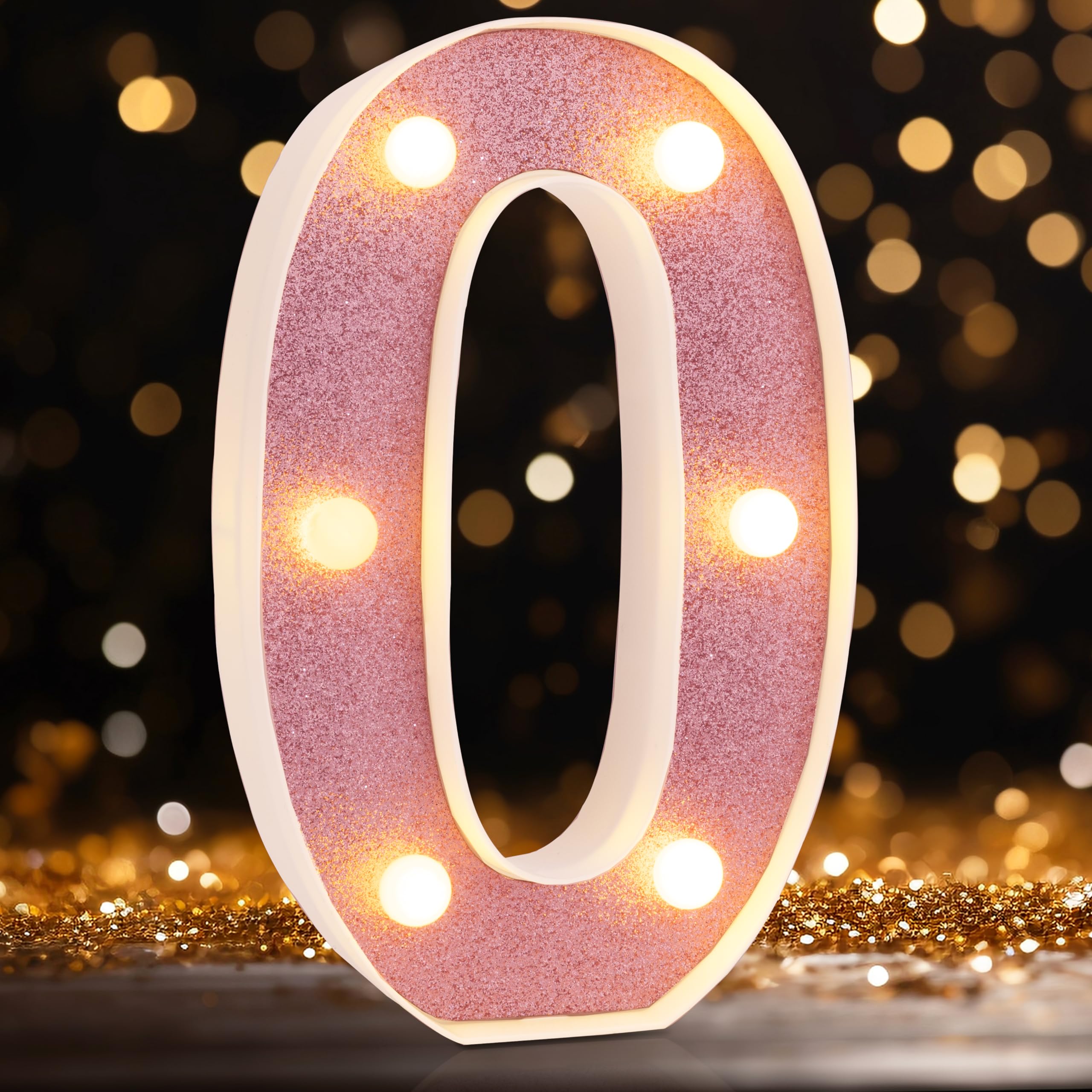 DyingSwan LED Marquee Number 0, Light Up Table Decor, 8.58 Inch, Pink Glitter, Battery Powered, Plastic
