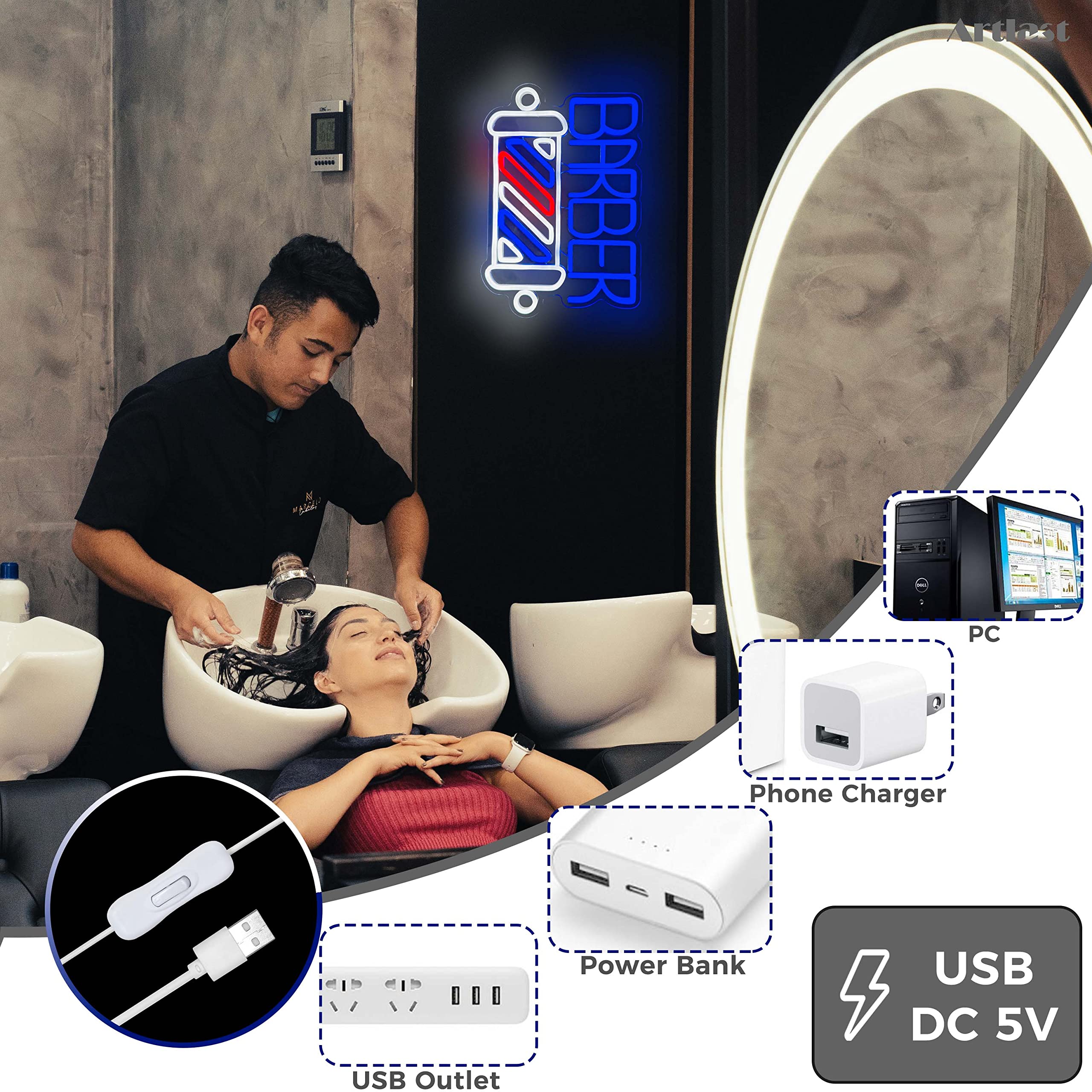 Artlast LED Neon Barber Sign for Hair Salons, Acrylic Wall Decor, Model Barber, Color: 1. Barber, Ideal for Businesses and Gifts