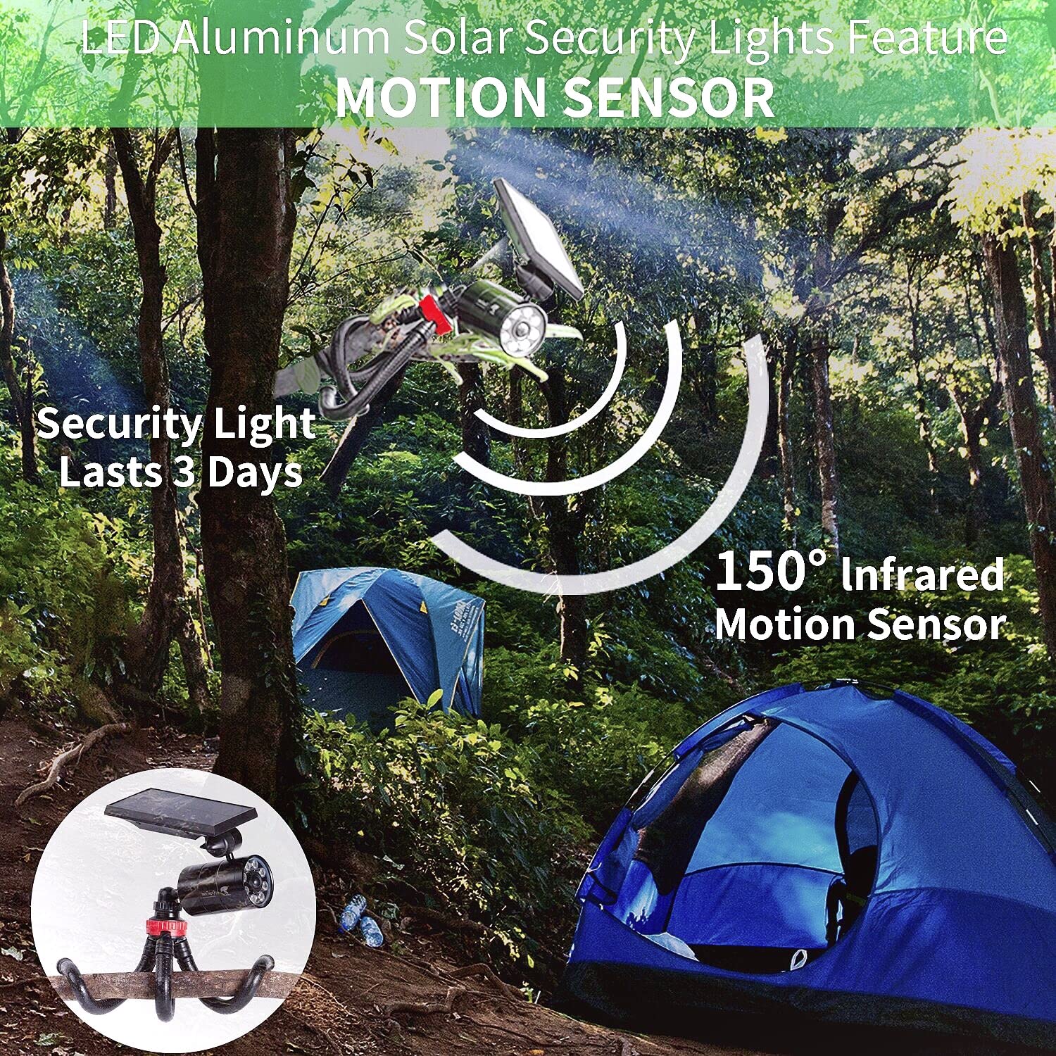 DrawGreen Solar Motion Sensor Lights, 9W 1400LM, Aluminum Case, Black Camping Lantern, Model BZ-B2, Ideal for Yard & Garden