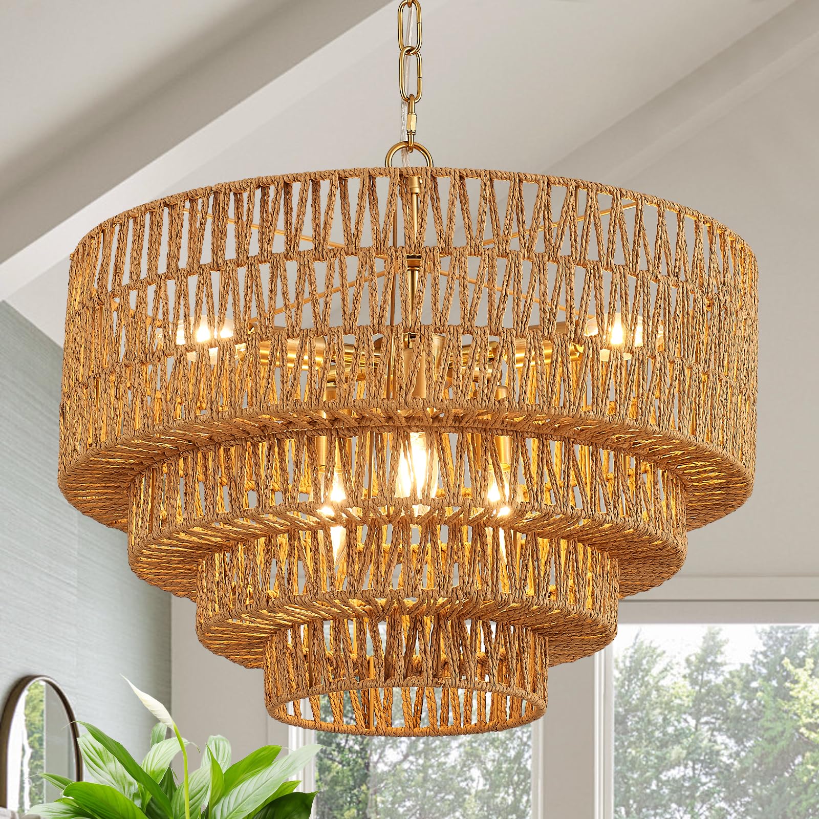Yomecoo 19.7'' Boho Rattan Chandelier Vintage 6-Light Farmhouse Hand-Woven Bamboo Chandelier Light Fixture Rustic Drum Wicker Go