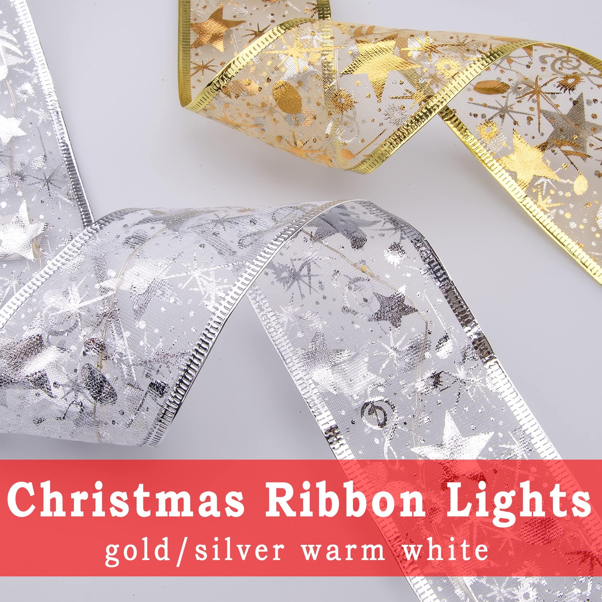 Minetom Christmas Tree Ribbon Lights - 33ft 100 LED Battery Powered, Copper, Silver Ribbon + Warm White LED