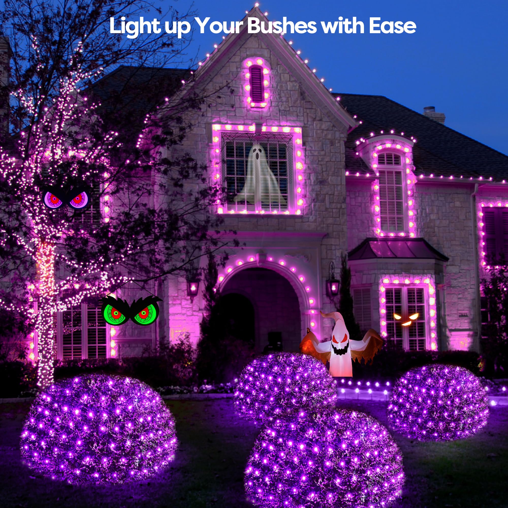 Wbao Halloween Net Lights, 200Led 8.4Ft X 5.2Ft Purple Halloween Lights With 8 Modes, Timer, Connectable, Waterproof & Sturdy Dark Green Wire For Lawn, Bushes, Trees, Outdoor Halloween Decorations